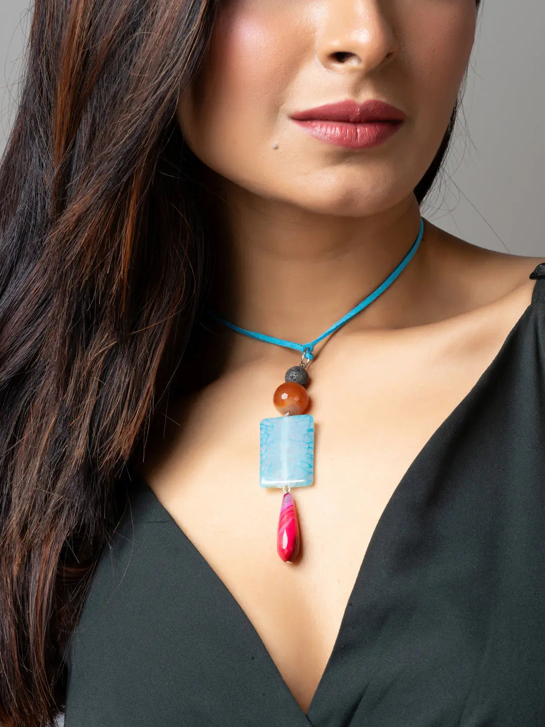 Pink Blue Brown Onyx Agate Lava Designer Sleek Necklace with Blue Suede Cord - Lookandadorn.com