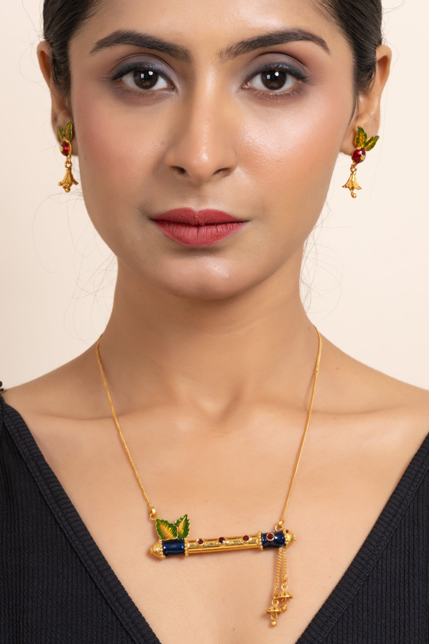 Gold Plated Meena Flute Pendant with Chain Necklace and Matching Earring
