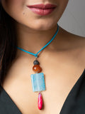 Pink Blue Brown Onyx Agate Lava Designer Sleek Necklace with Blue Suede Cord - Lookandadorn.com