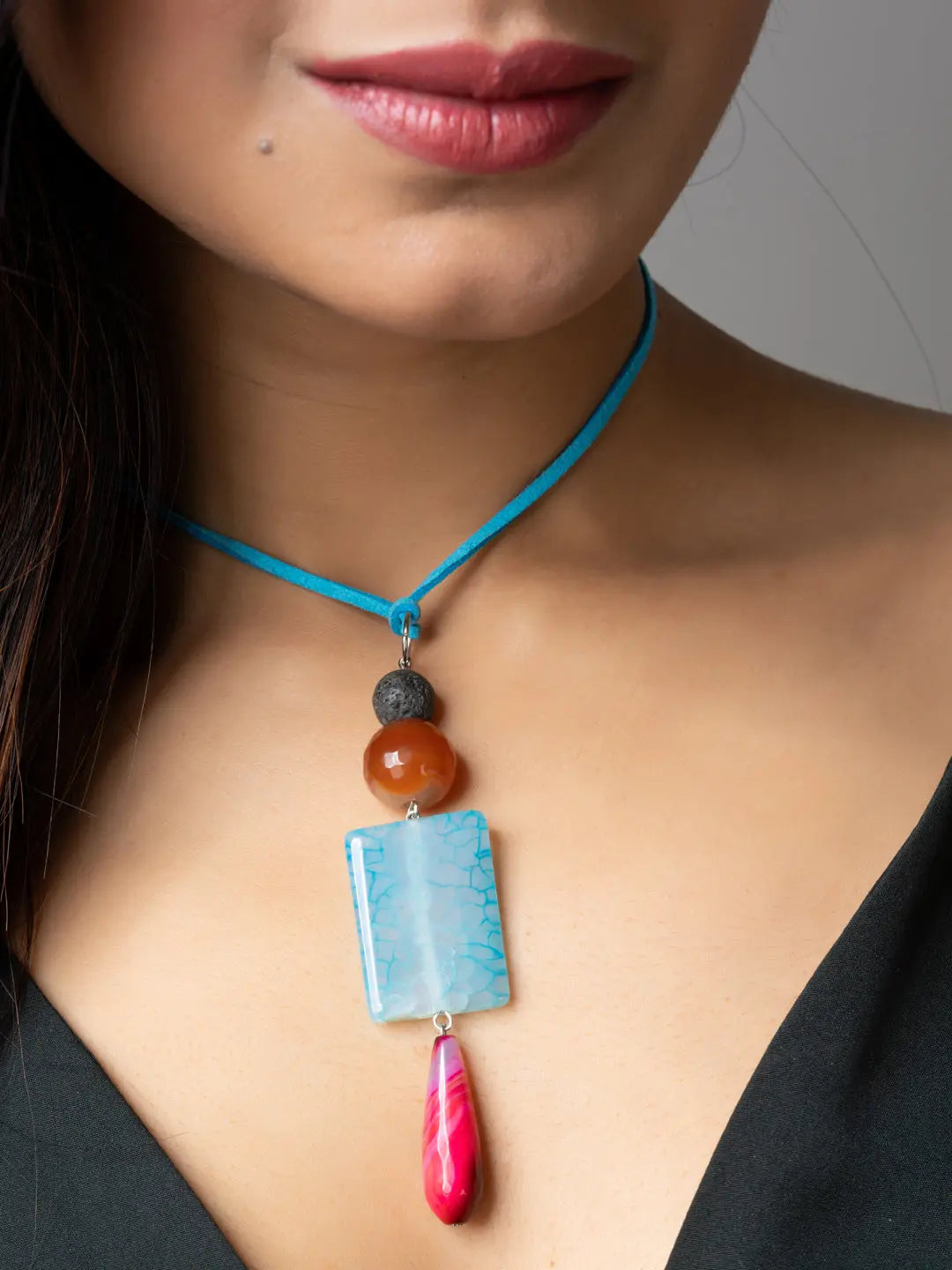 Pink Blue Brown Onyx Agate Lava Designer Sleek Necklace with Blue Suede Cord - Lookandadorn.com