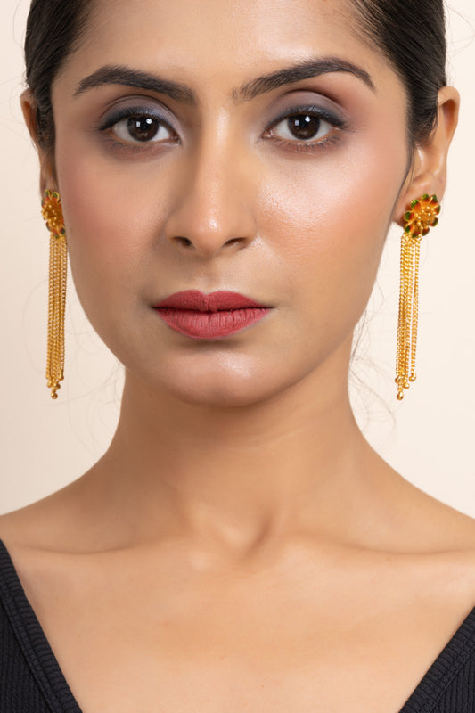 Green Orange Meena Gold Plated Flower Stud with Chains Earring