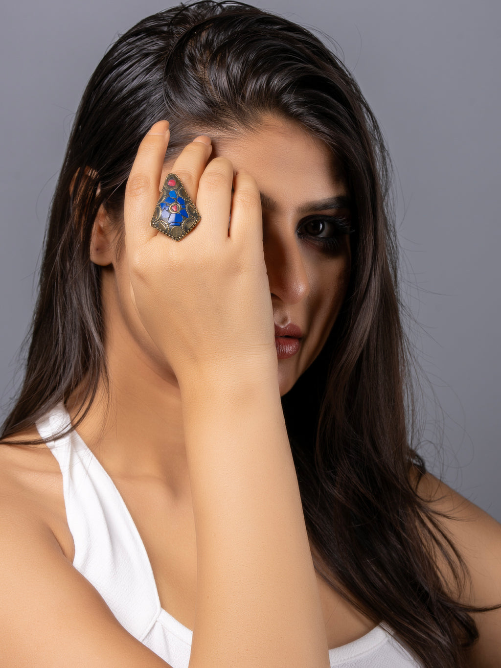 Tibetan Blue Red Golden Adjustable Finger Ring LOOK AND ADORN - designed for you