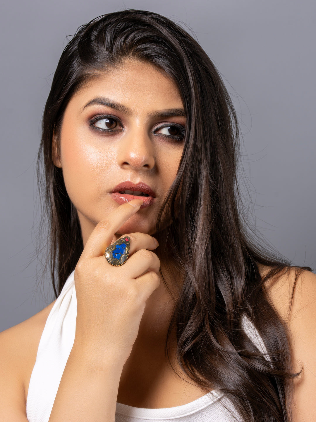 Tibetan Blue Red Golden Drop Adjustable Finger Ring LOOK AND ADORN - designed for you