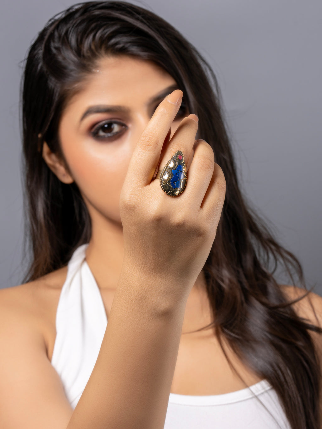 Tibetan Blue Red Golden Drop Adjustable Finger Ring LOOK AND ADORN - designed for you
