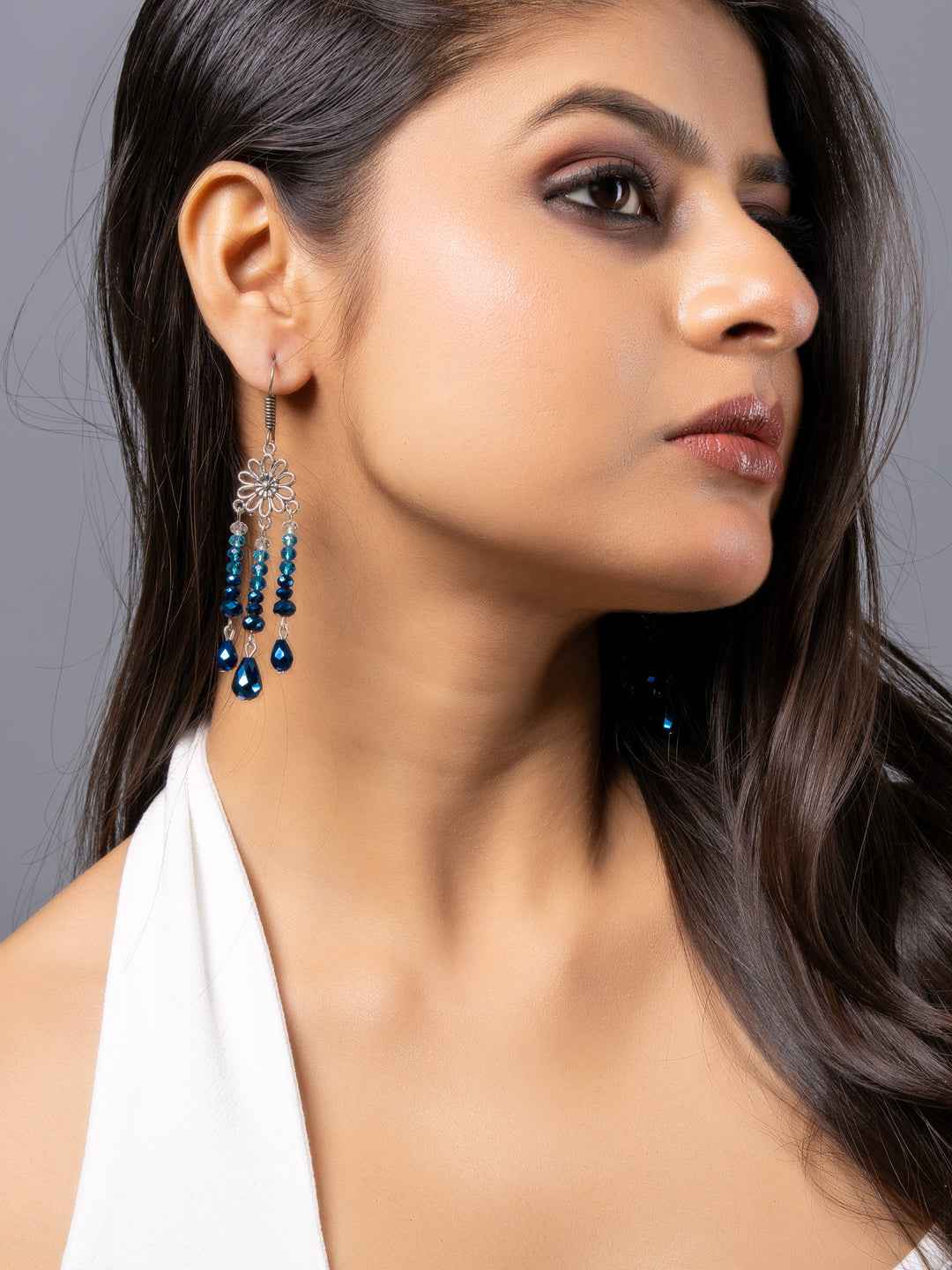 Mettalic Blue Crystal Drop Floral Earrings