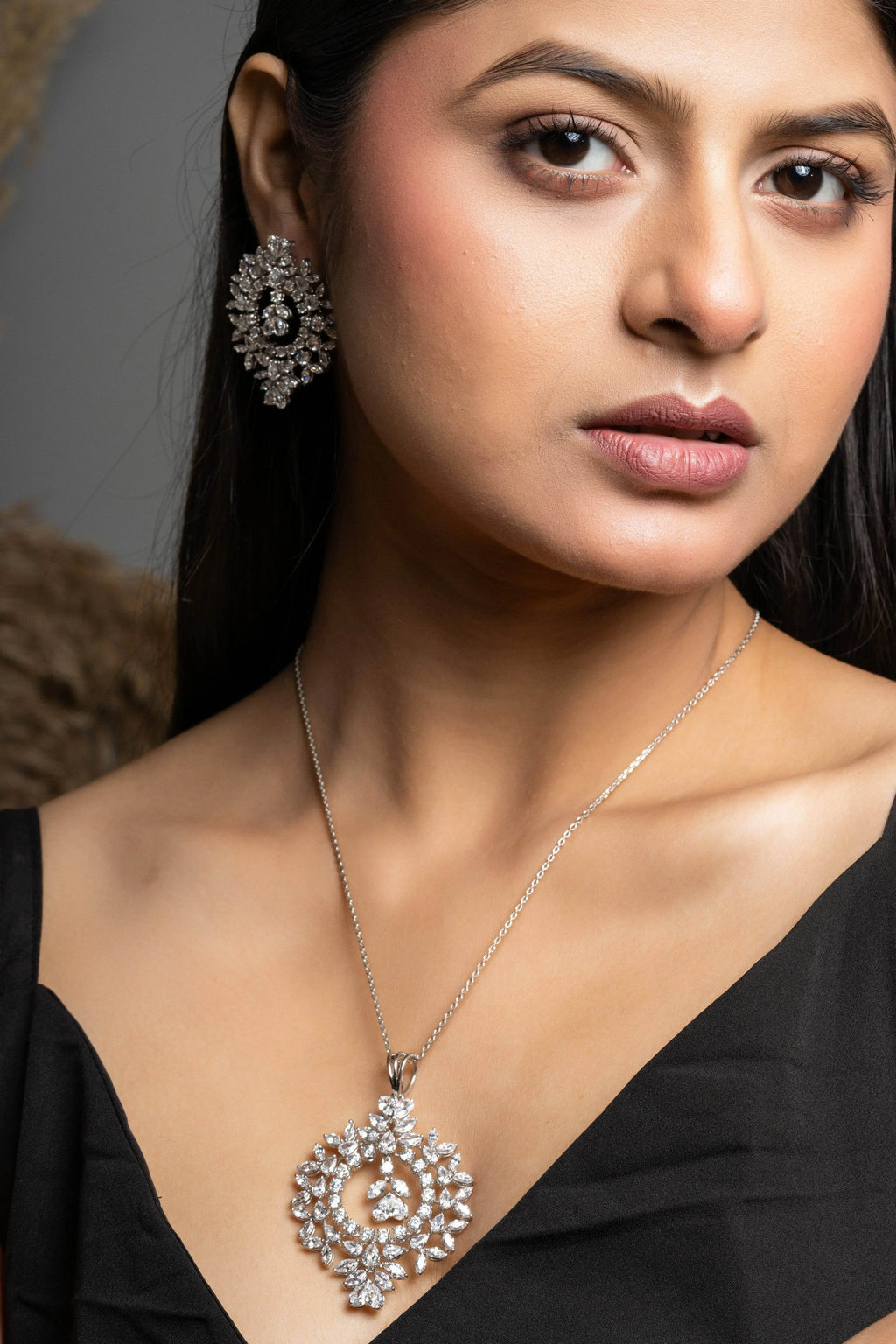 Designer White American Diamond Pendant Necklace Set - Lookandadorn.com