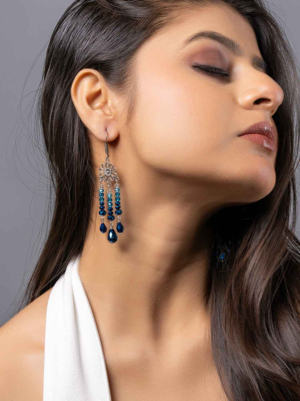 Mettalic Blue Crystal Drop Floral Earrings