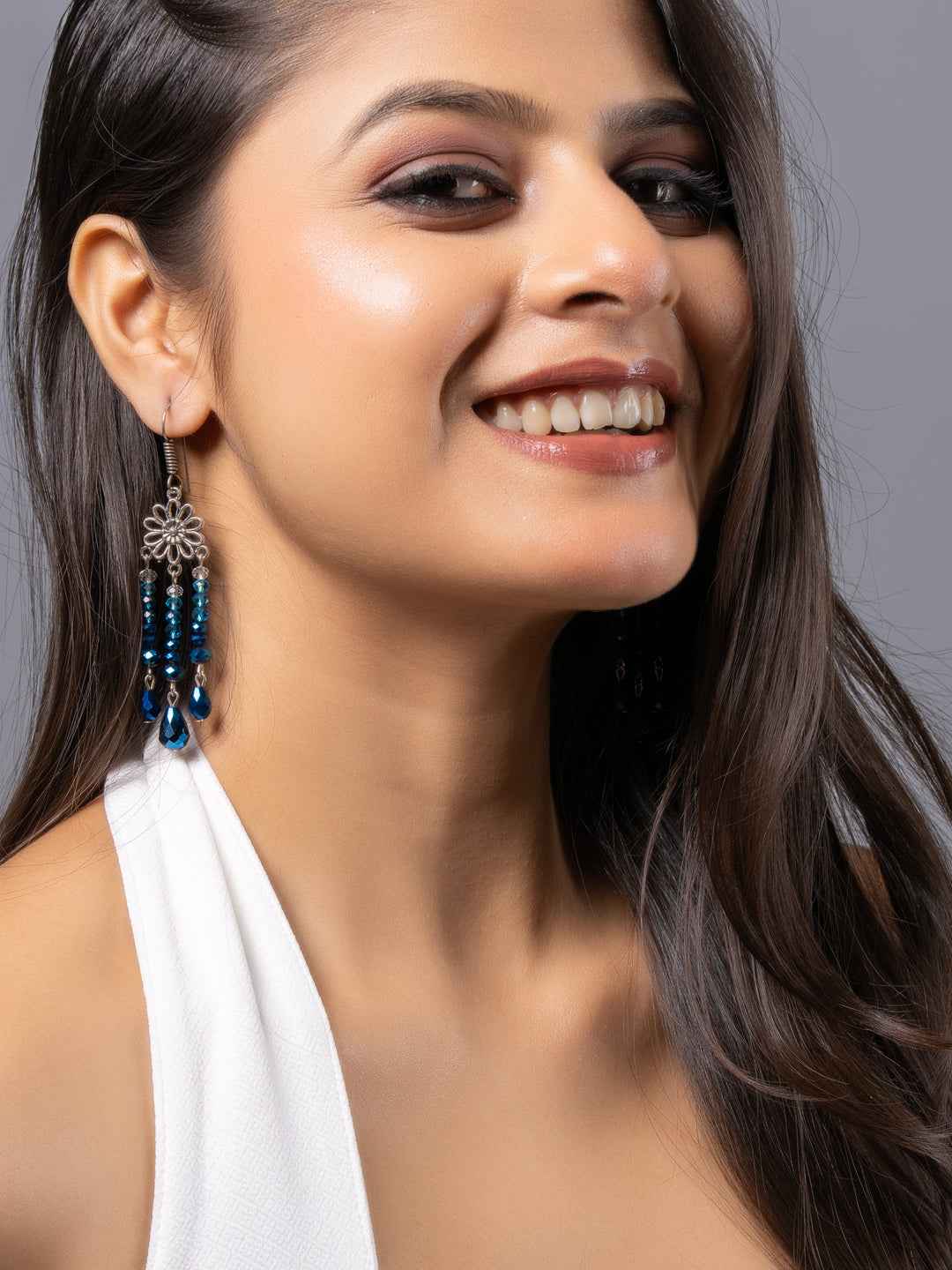 Mettalic Blue Crystal Drop Floral Earrings