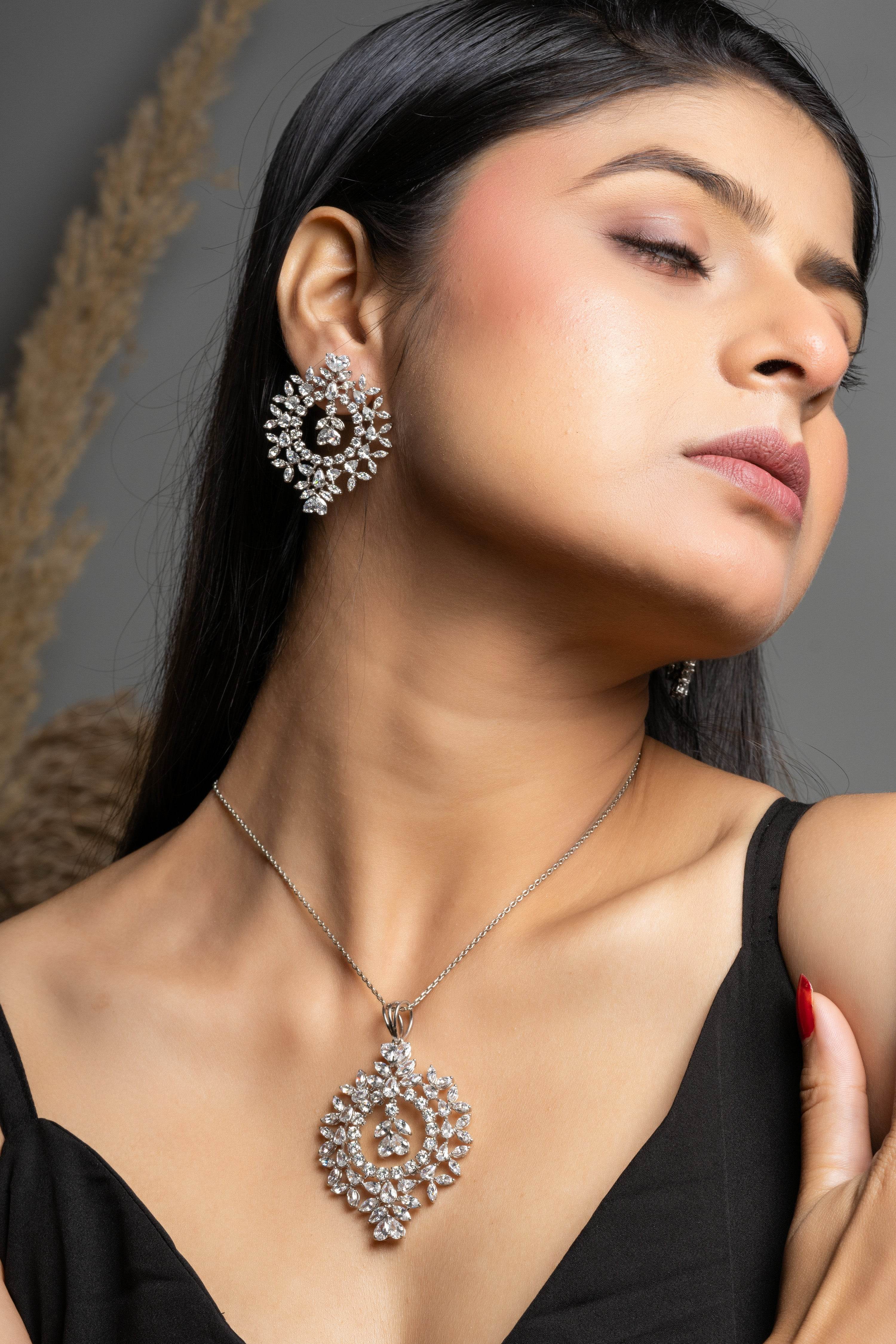 Designer White American Diamond Pendant Necklace Set - Lookandadorn.com