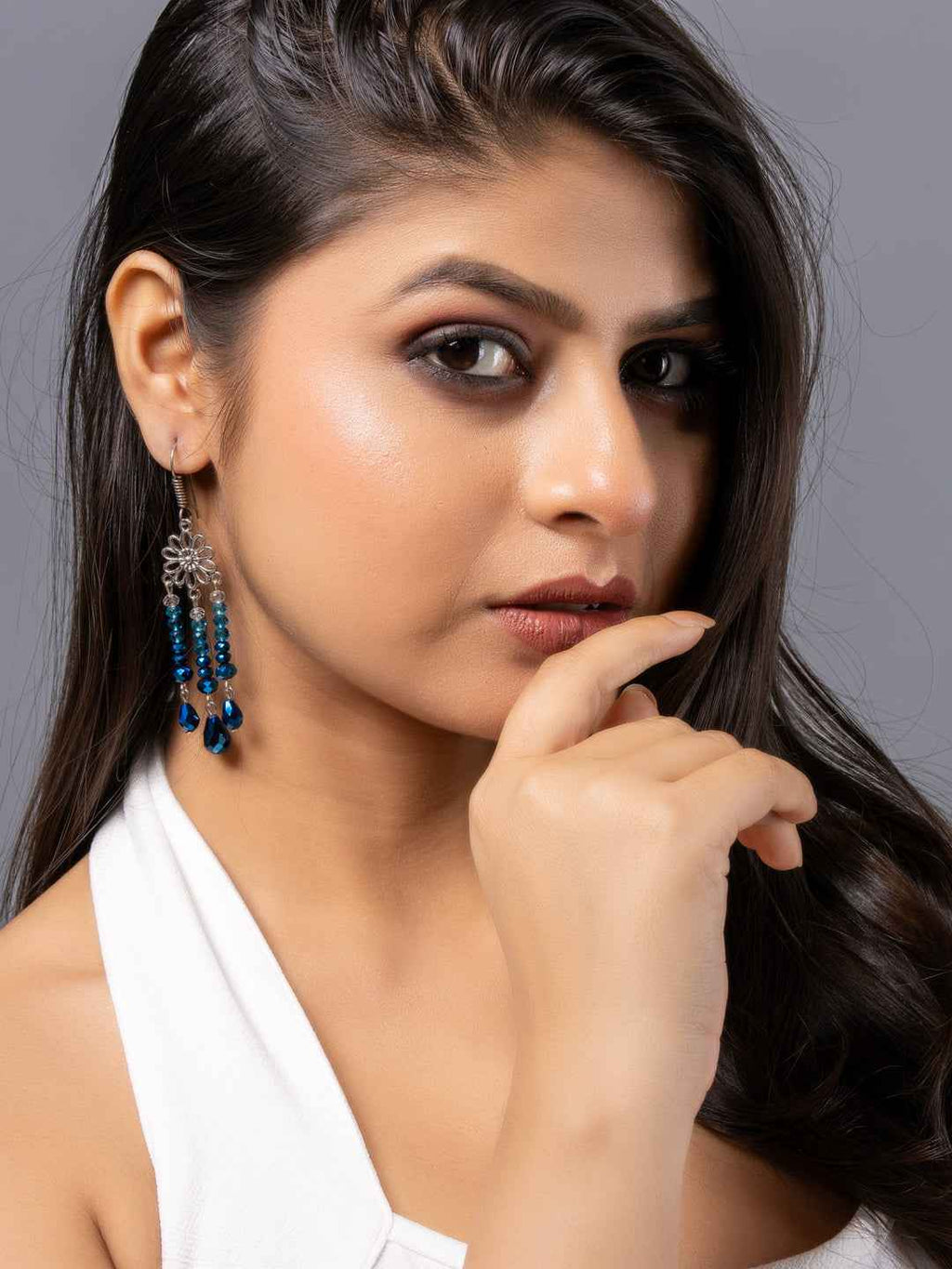 Mettalic Blue Crystal Drop Floral Earrings