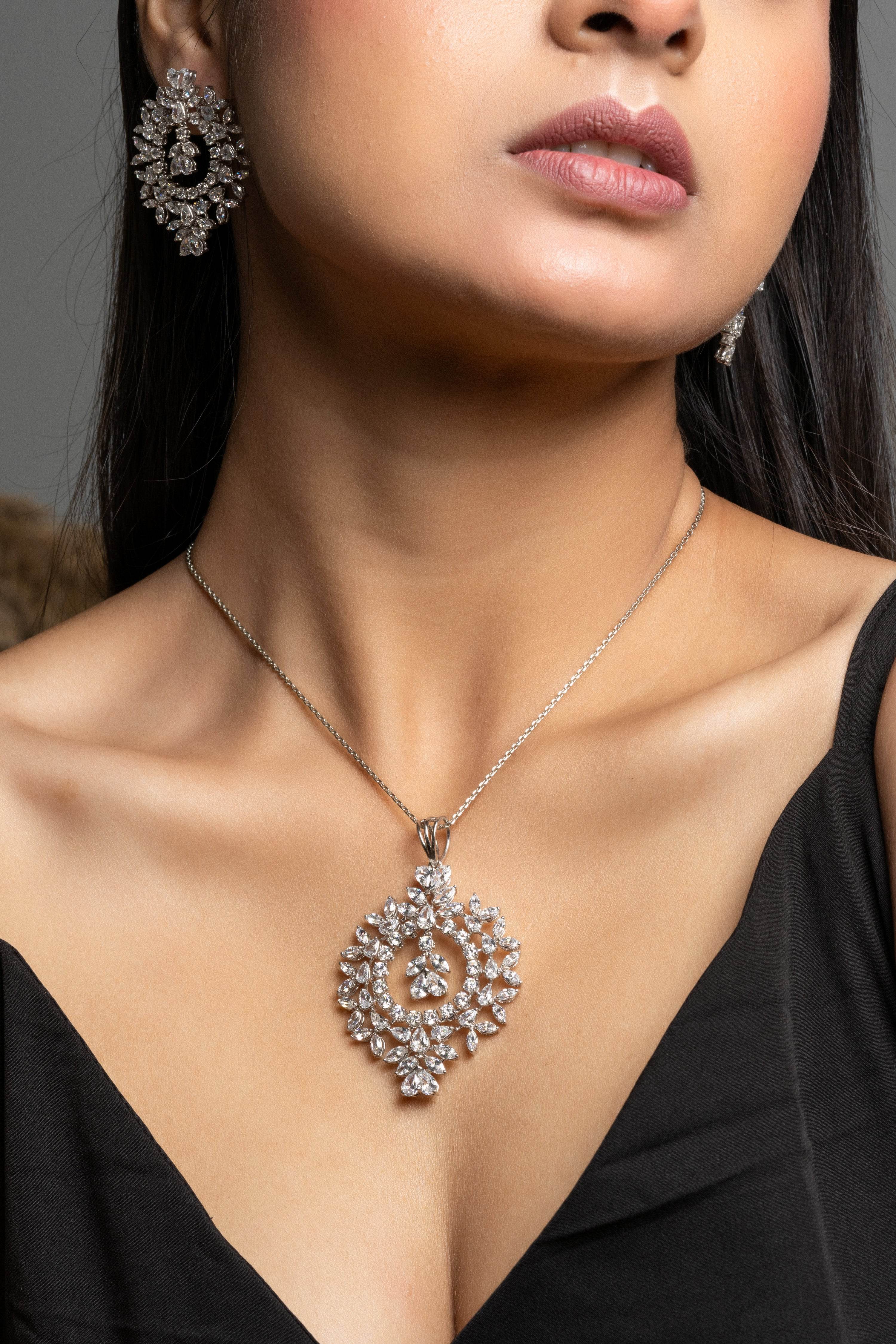 Designer White American Diamond Pendant Necklace Set - Lookandadorn.com