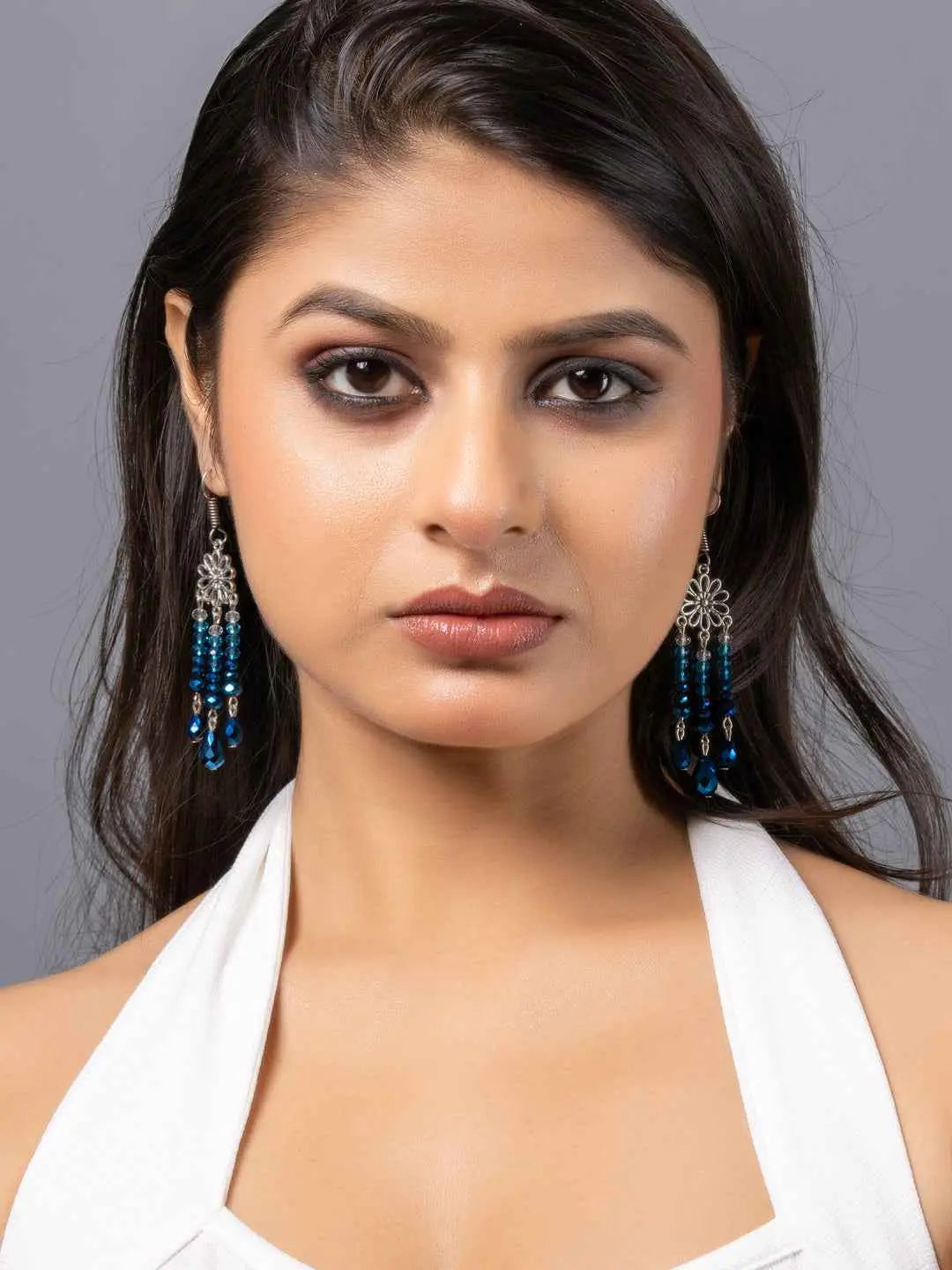 Mettalic Blue Crystal Drop Floral Earrings