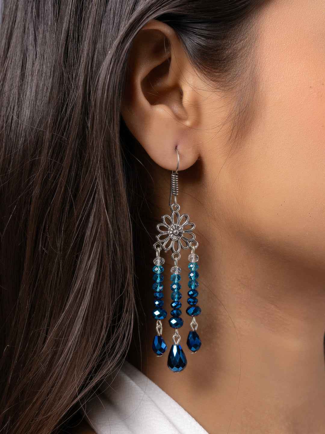 Mettalic Blue Crystal Drop Floral Earrings