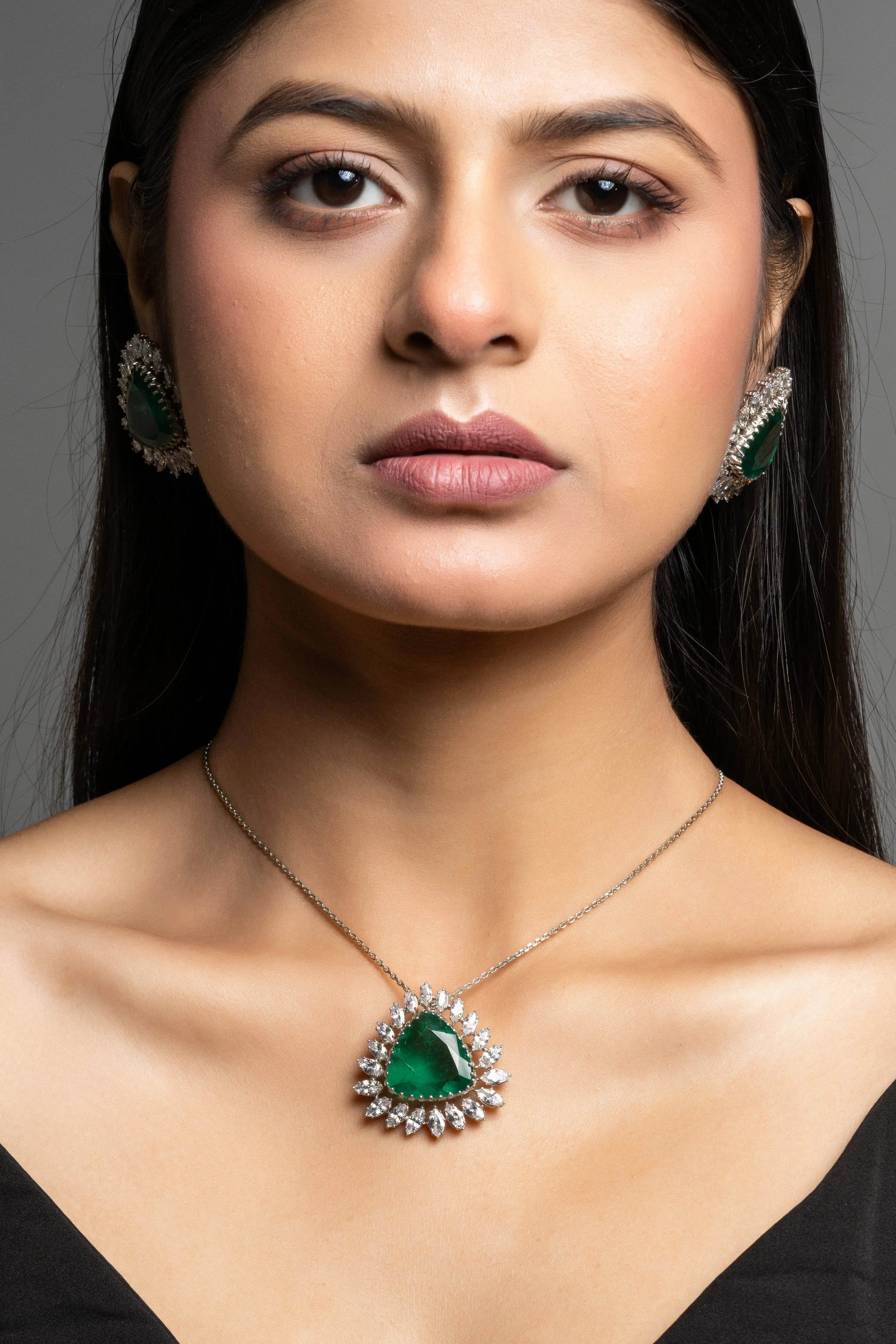 Designer Green Doublet American Diamond Sterling Silver Necklace Set - Lookandadorn.com