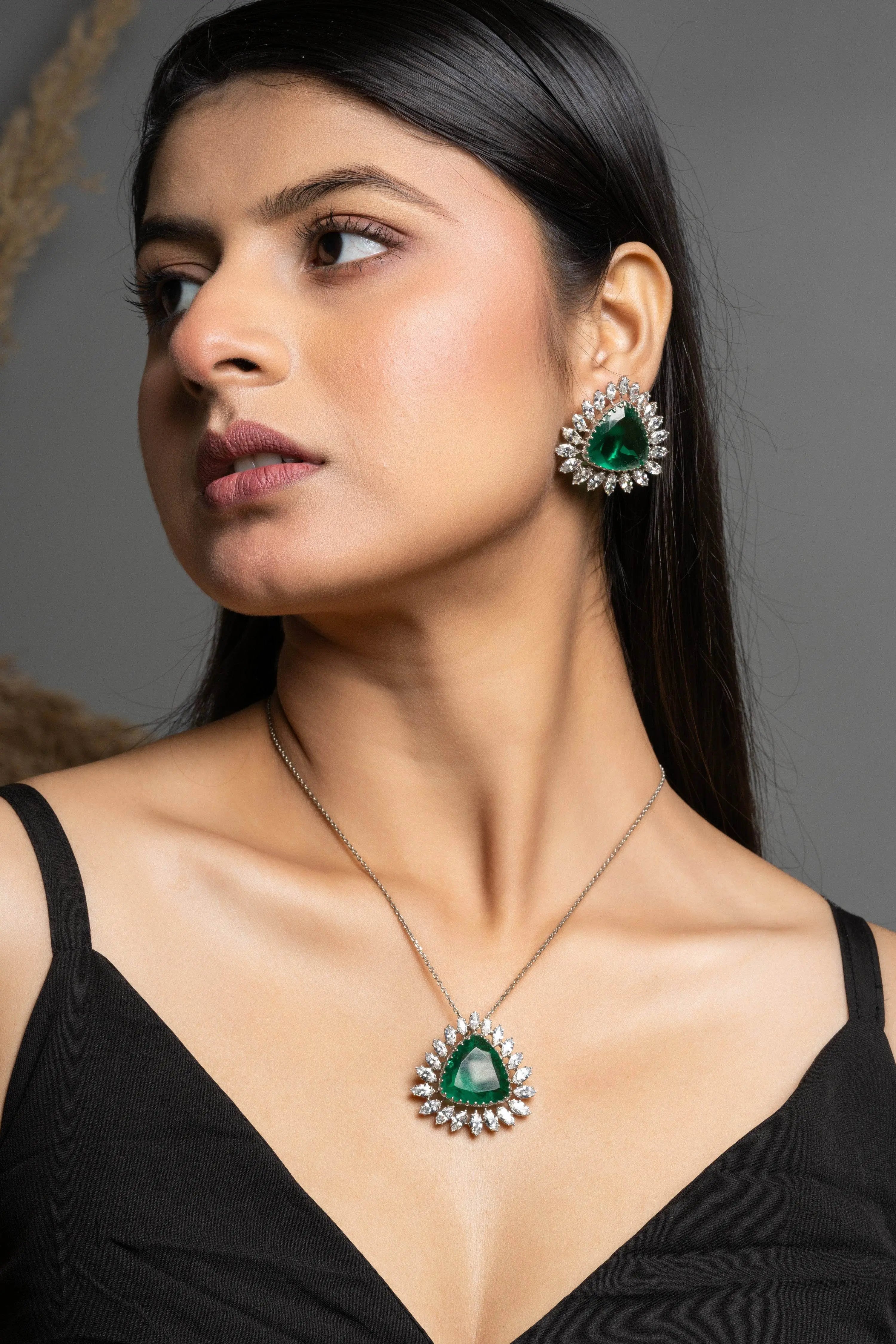 Designer Green Doublet American Diamond Sterling Silver Necklace Set - Lookandadorn.com