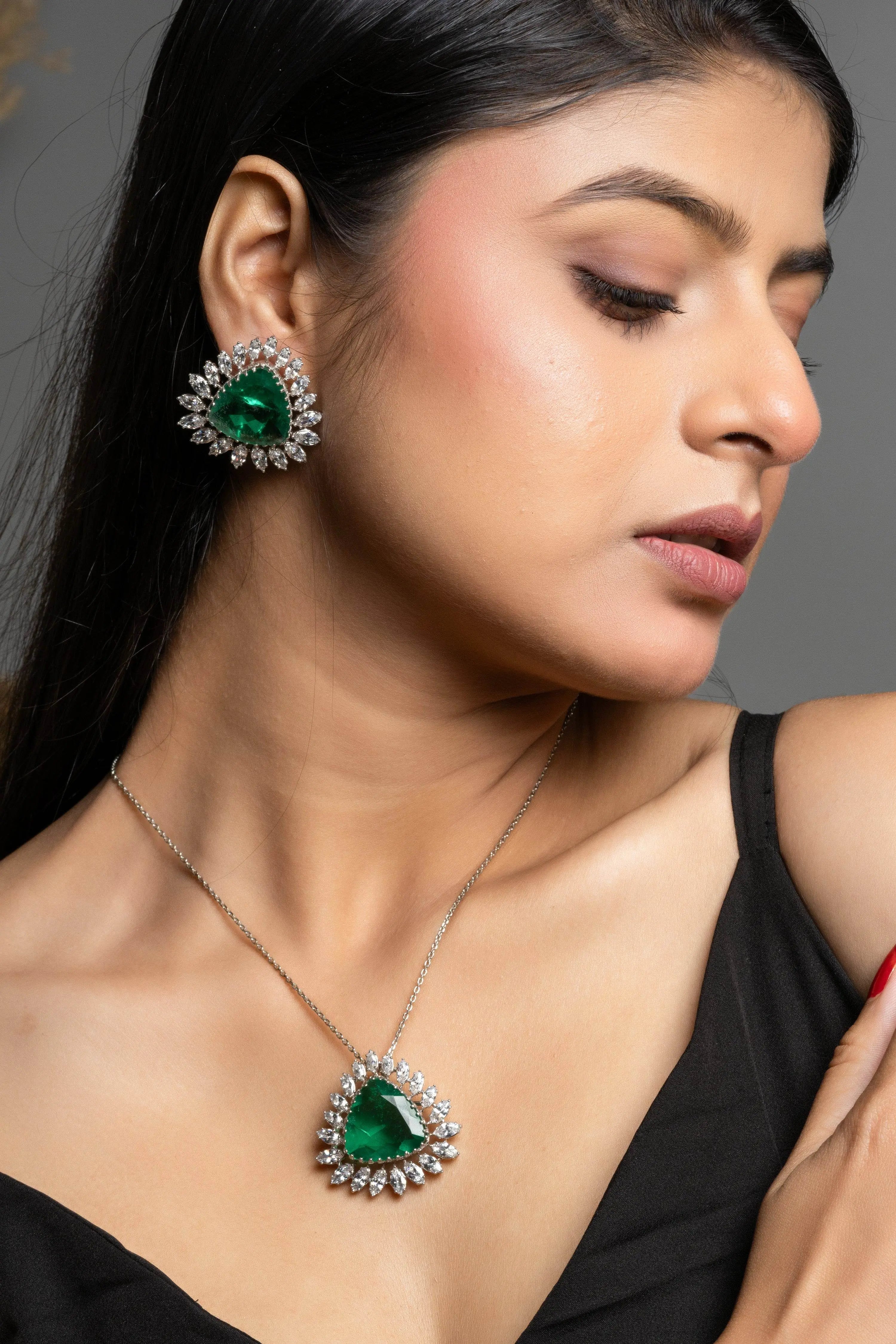 Designer Green Doublet American Diamond Sterling Silver Necklace Set - Lookandadorn.com