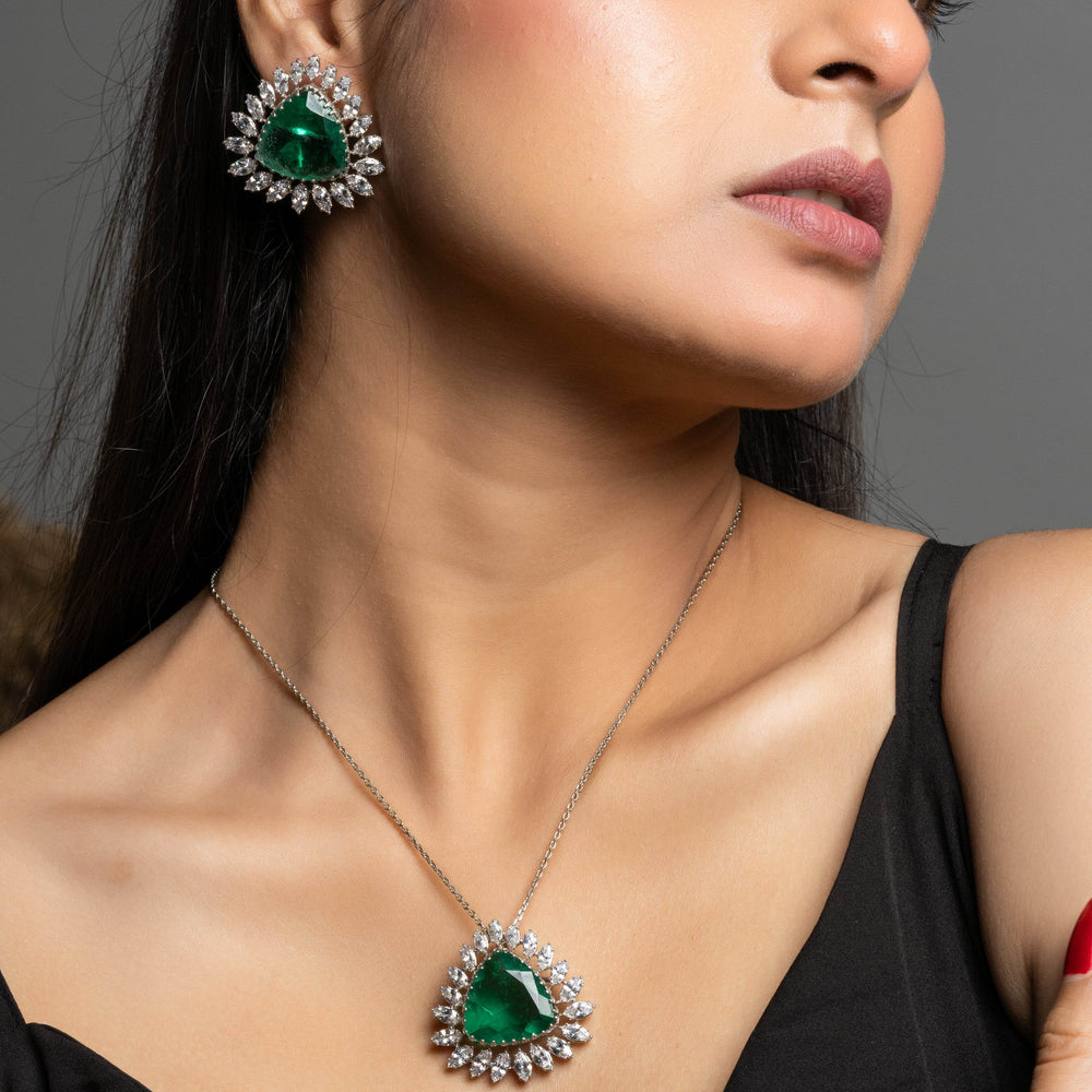 Designer Green Doublet American Diamond Sterling Silver Necklace Set - Lookandadorn.com