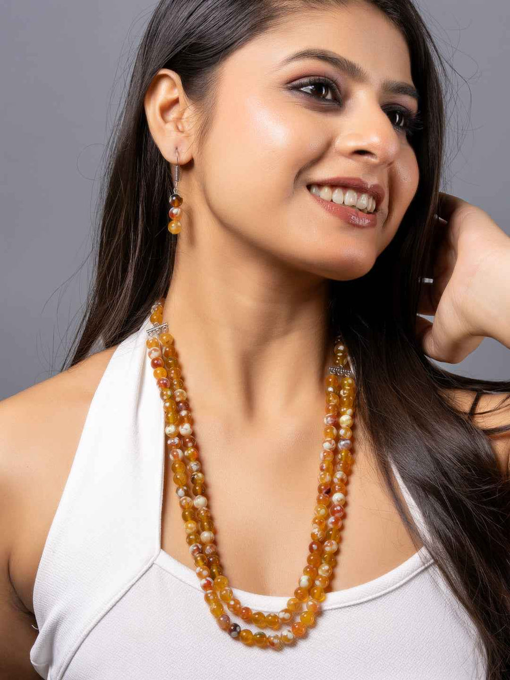 Orange Onyx Double Layered Necklace set with Earrings