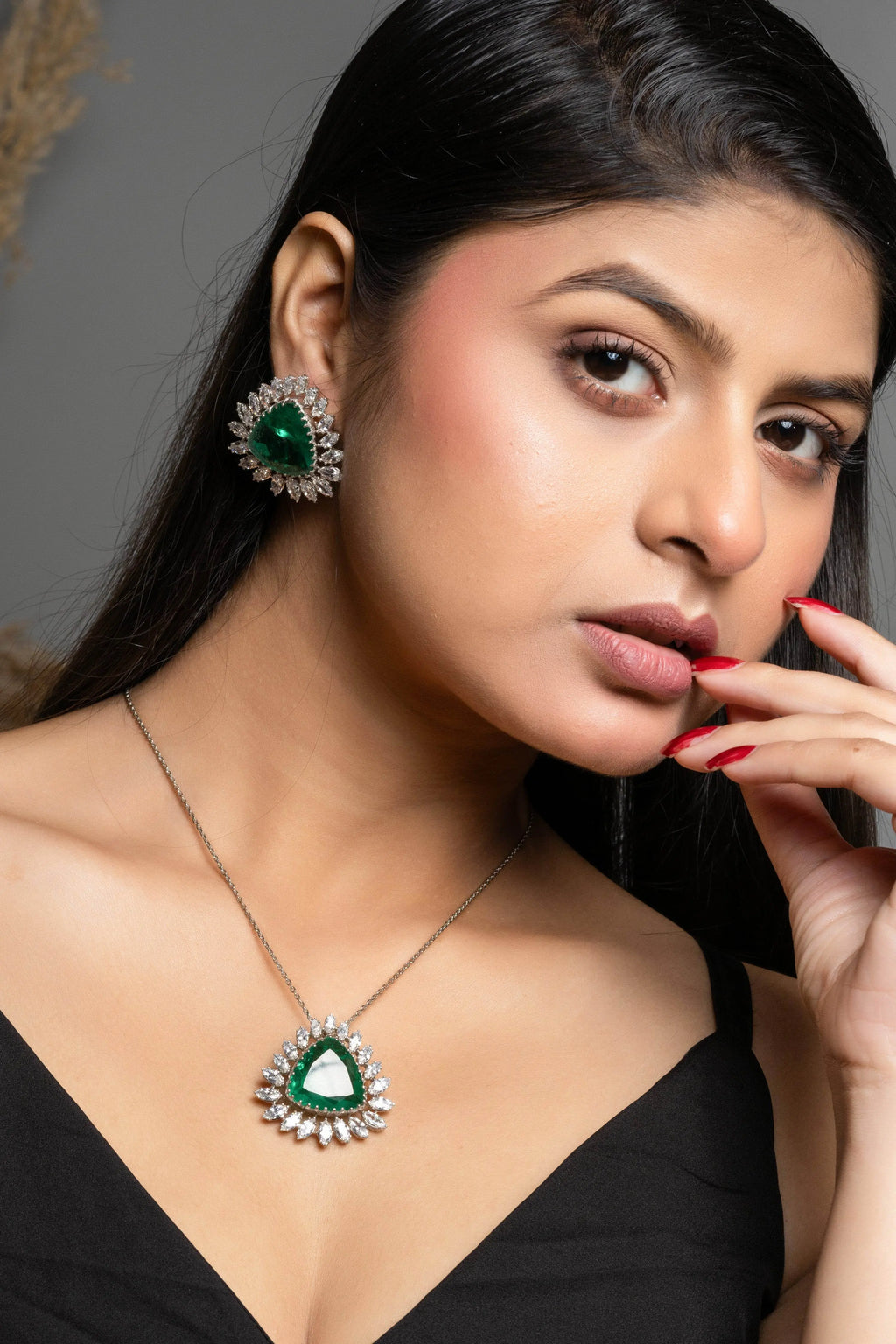 Designer Green Doublet American Diamond Sterling Silver Necklace Set - Lookandadorn.com