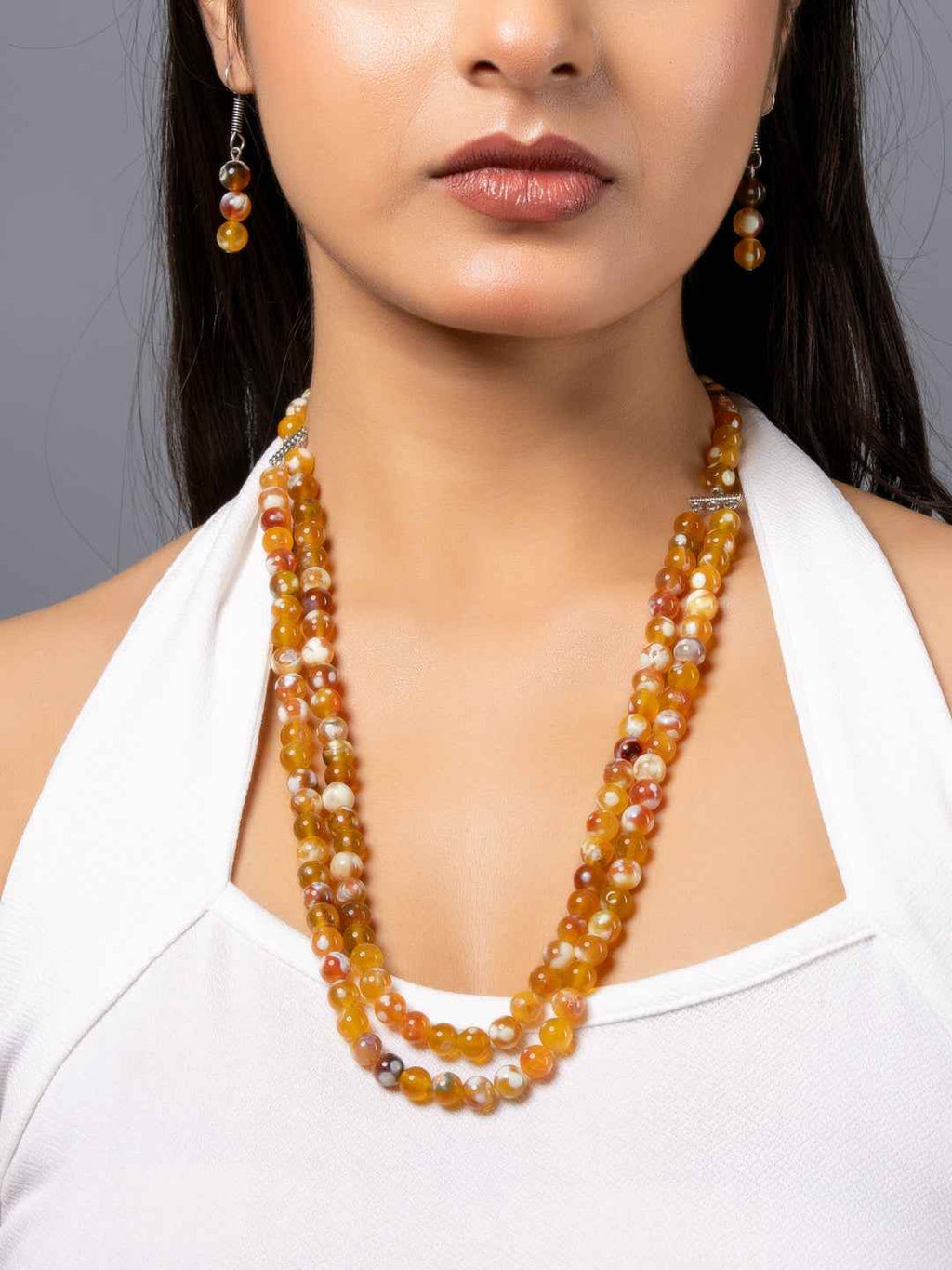 Orange Onyx Double Layered Necklace set with Earrings