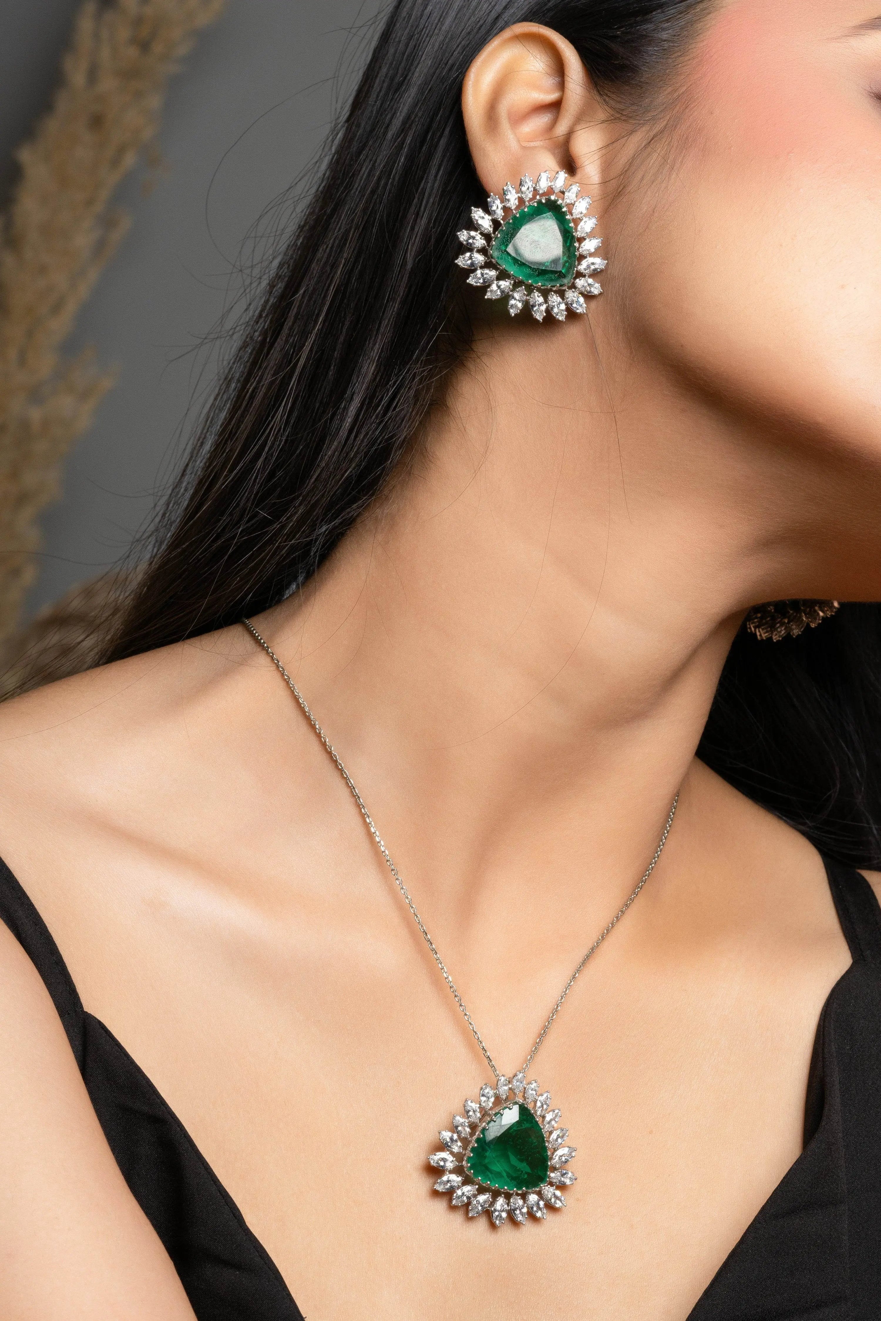 Designer Green Doublet American Diamond Sterling Silver Necklace Set - Lookandadorn.com