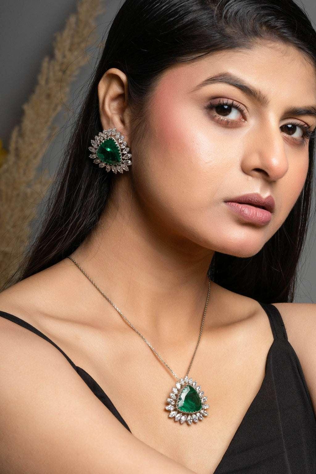 Designer Green Doublet American Diamond Sterling Silver Necklace Set - Lookandadorn.com