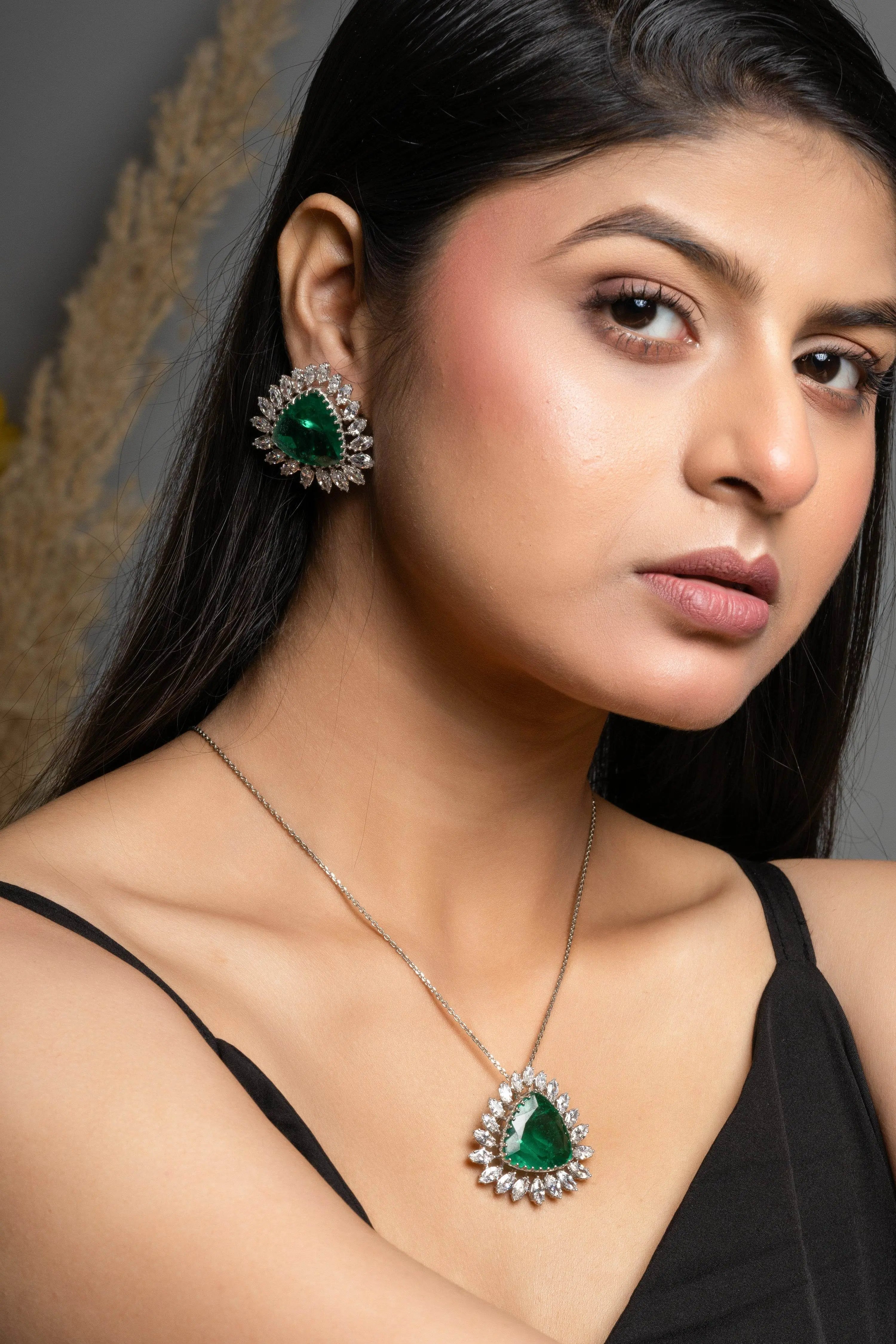 Designer Green Doublet American Diamond Sterling Silver Necklace Set - Lookandadorn.com