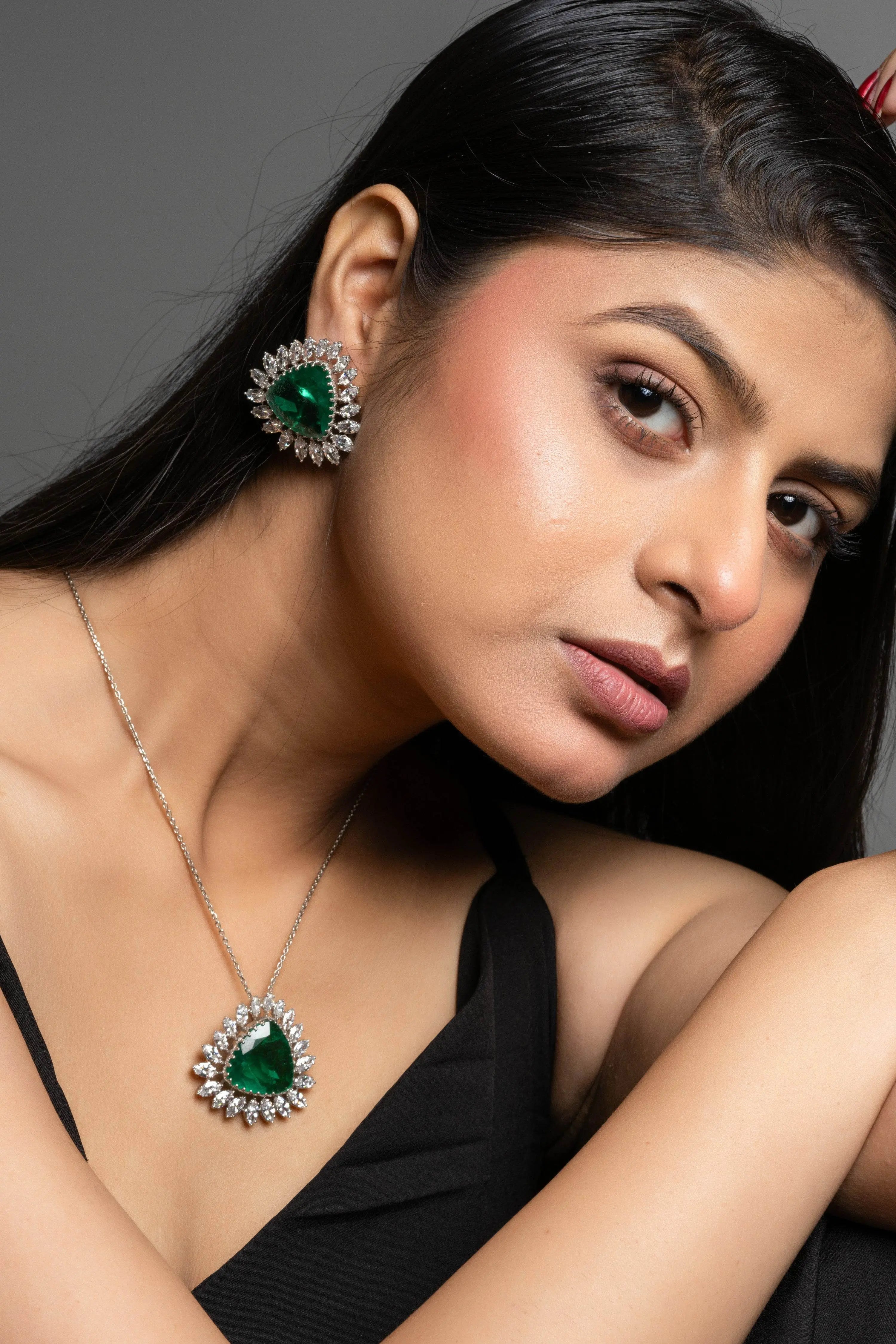 Designer Green Doublet American Diamond Sterling Silver Necklace Set - Lookandadorn.com