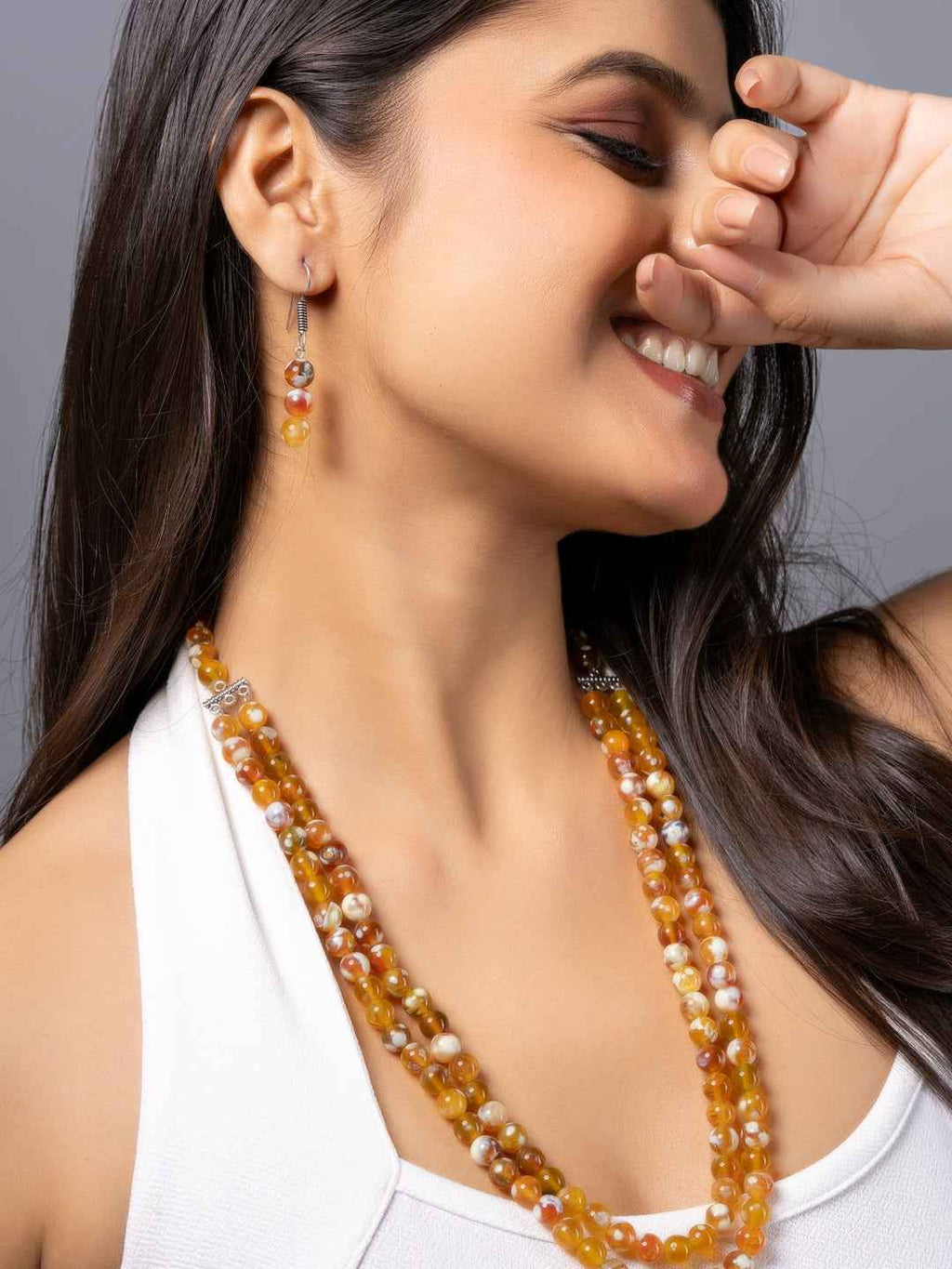 Orange Onyx Double Layered Necklace set with Earrings