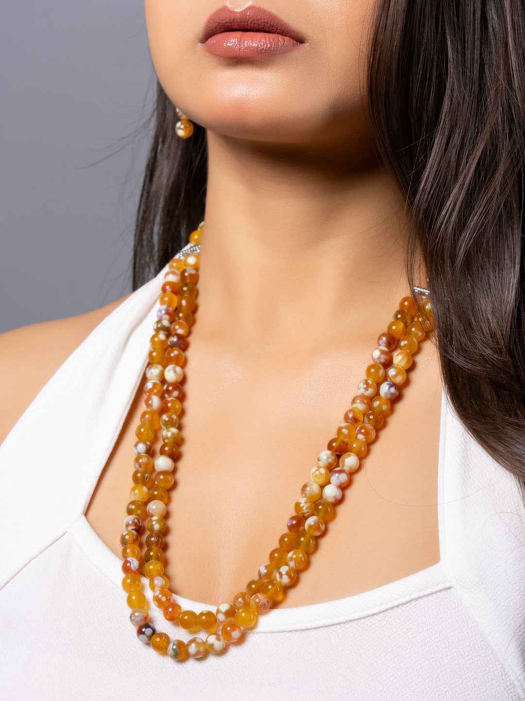 Orange Onyx Double Layered Necklace set with Earrings