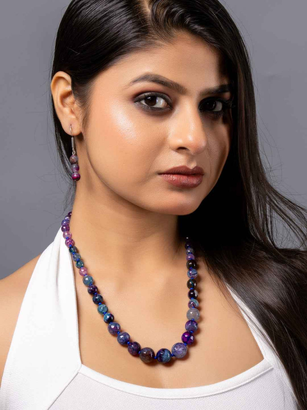 Purple Blue Graduation Onyx Necklace set with Earrings