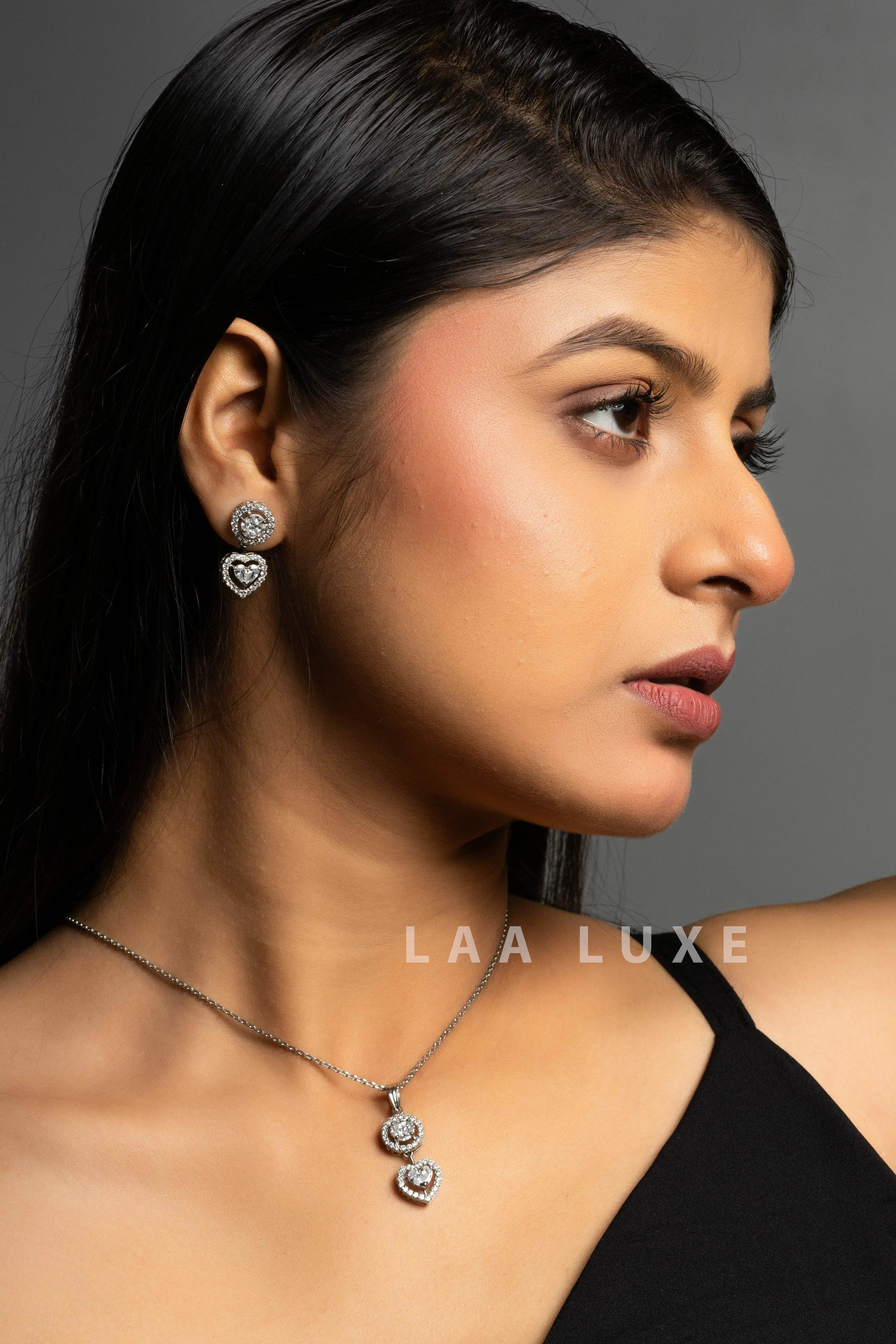 American Diamond Sterling Silver Chain Necklace & Earrings Set - Lookandadorn.com