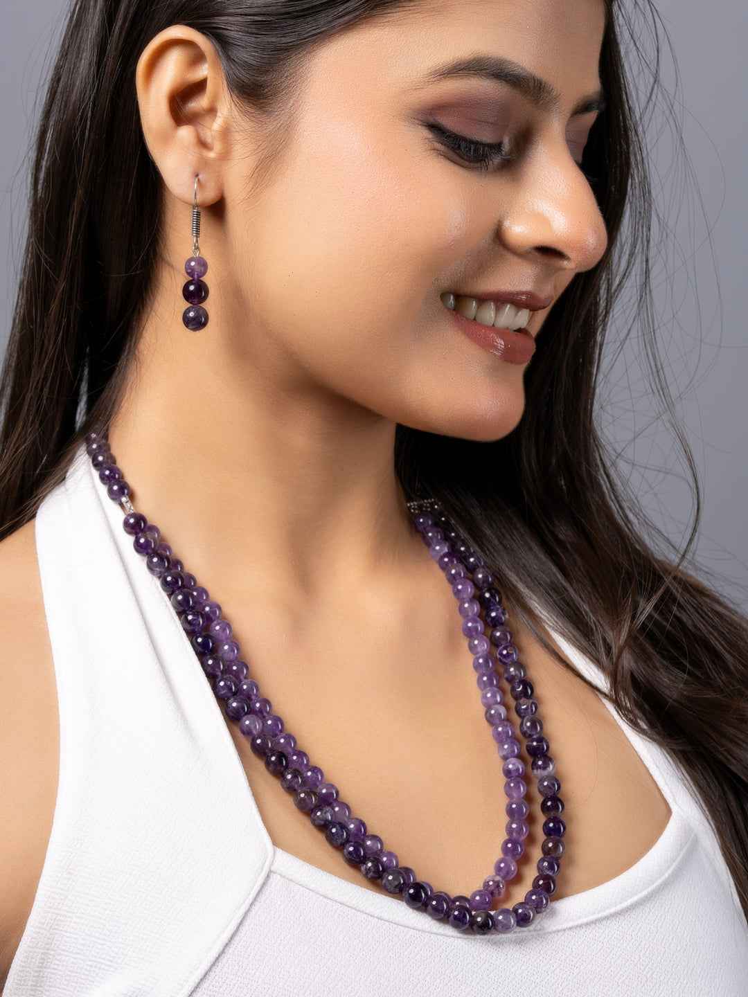 Natural Amethyst Double Layered Necklace set with Earrings