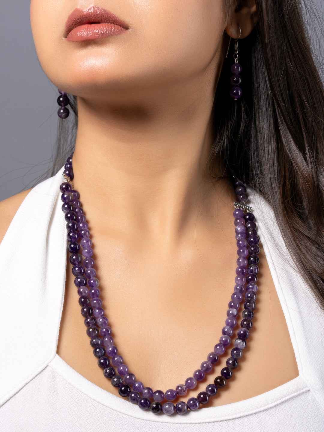 Natural Amethyst Double Layered Necklace set with Earrings