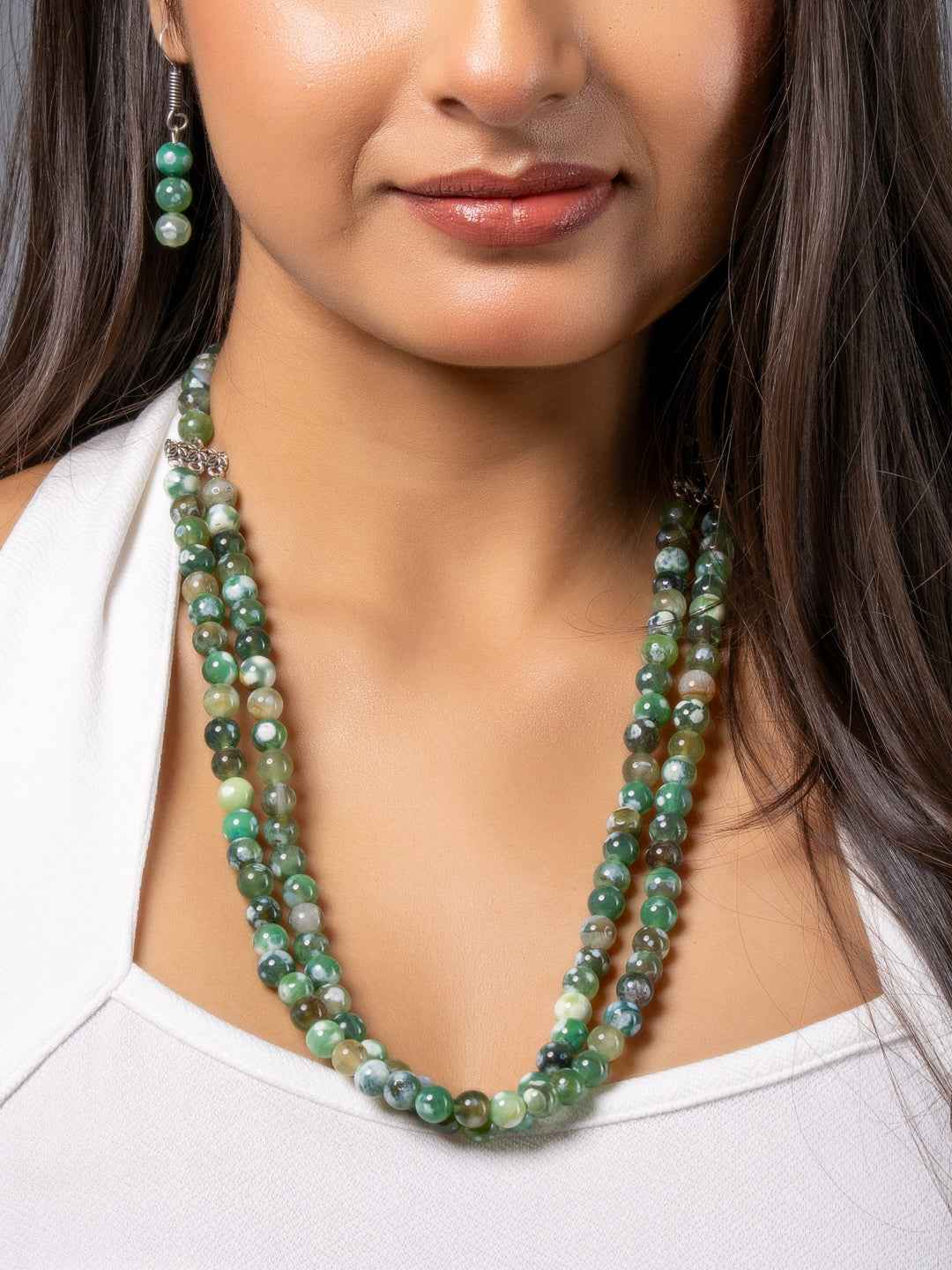 Green Onyx Double Layered Necklace set with Earrings