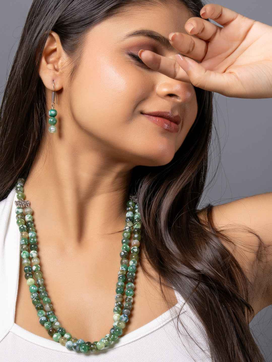 Green Onyx Double Layered Necklace set with Earrings