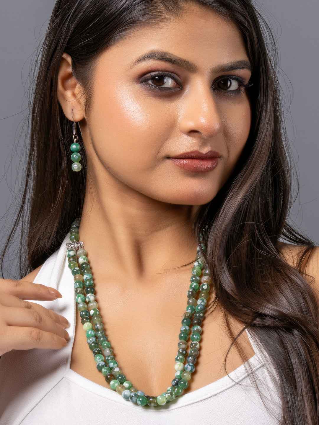 Green Onyx Double Layered Necklace set with Earrings