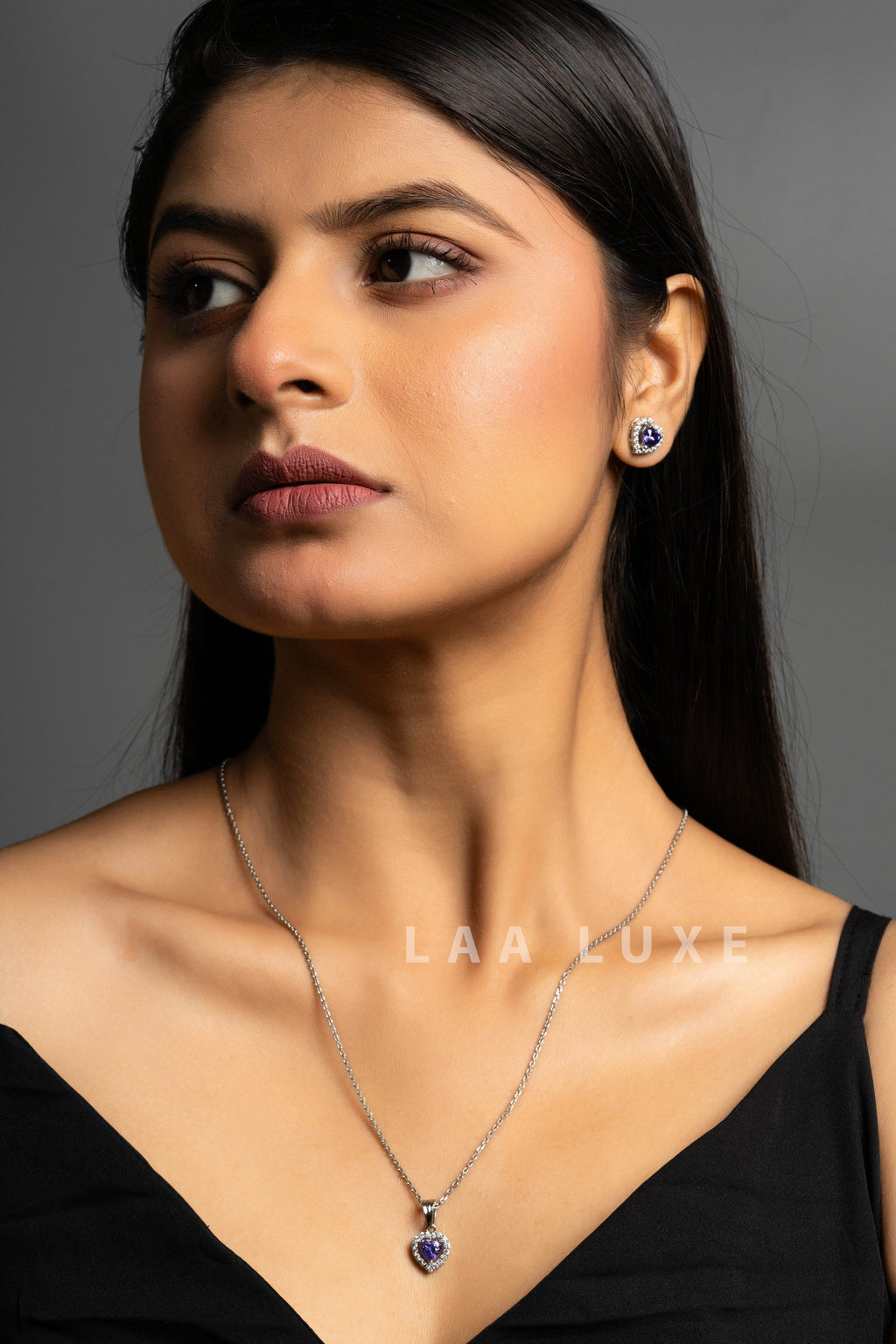 Heart Design Violet Sapphire American Diamond Necklace Set - Lookandadorn.com