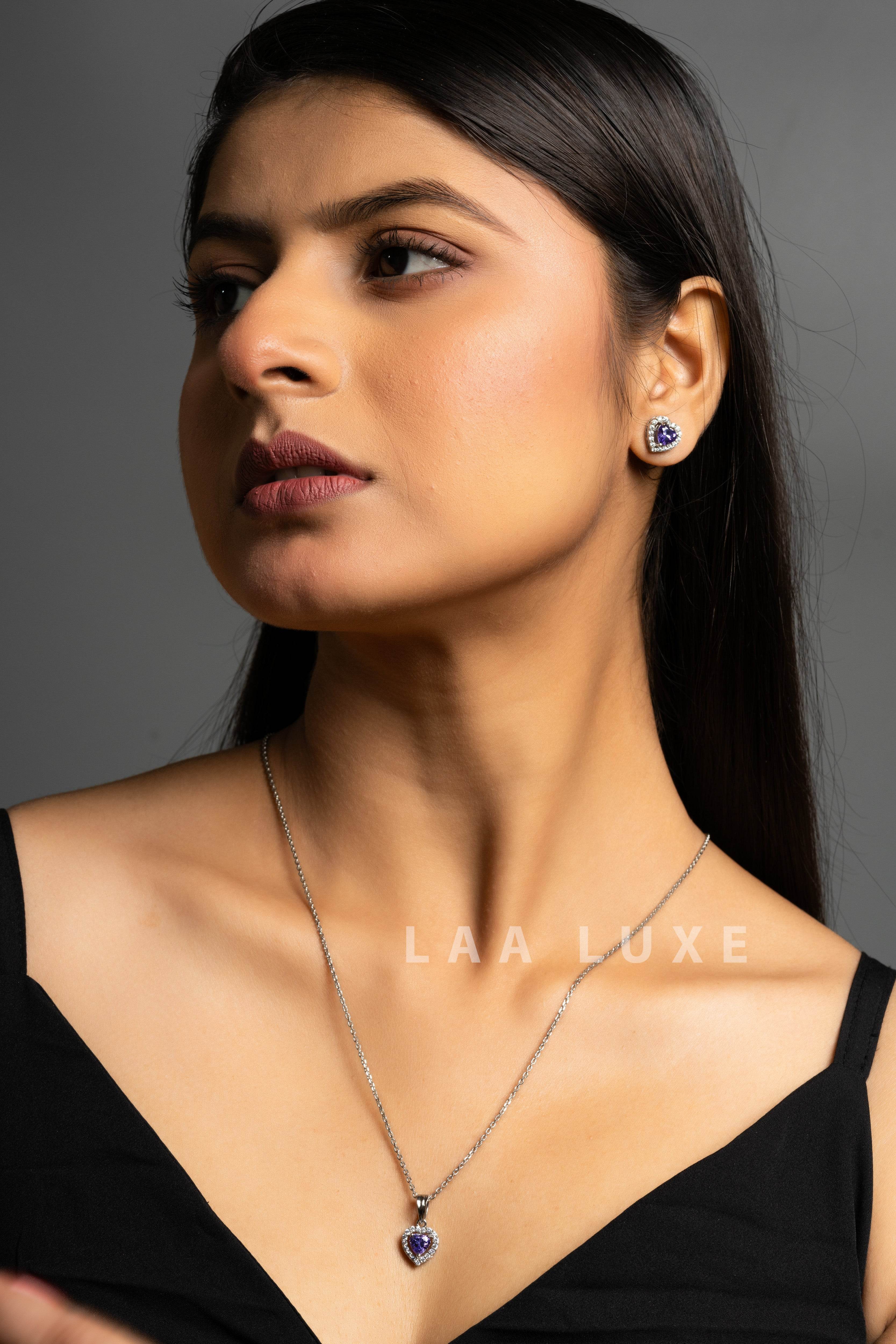 Heart Design Violet Sapphire American Diamond Necklace Set - Lookandadorn.com