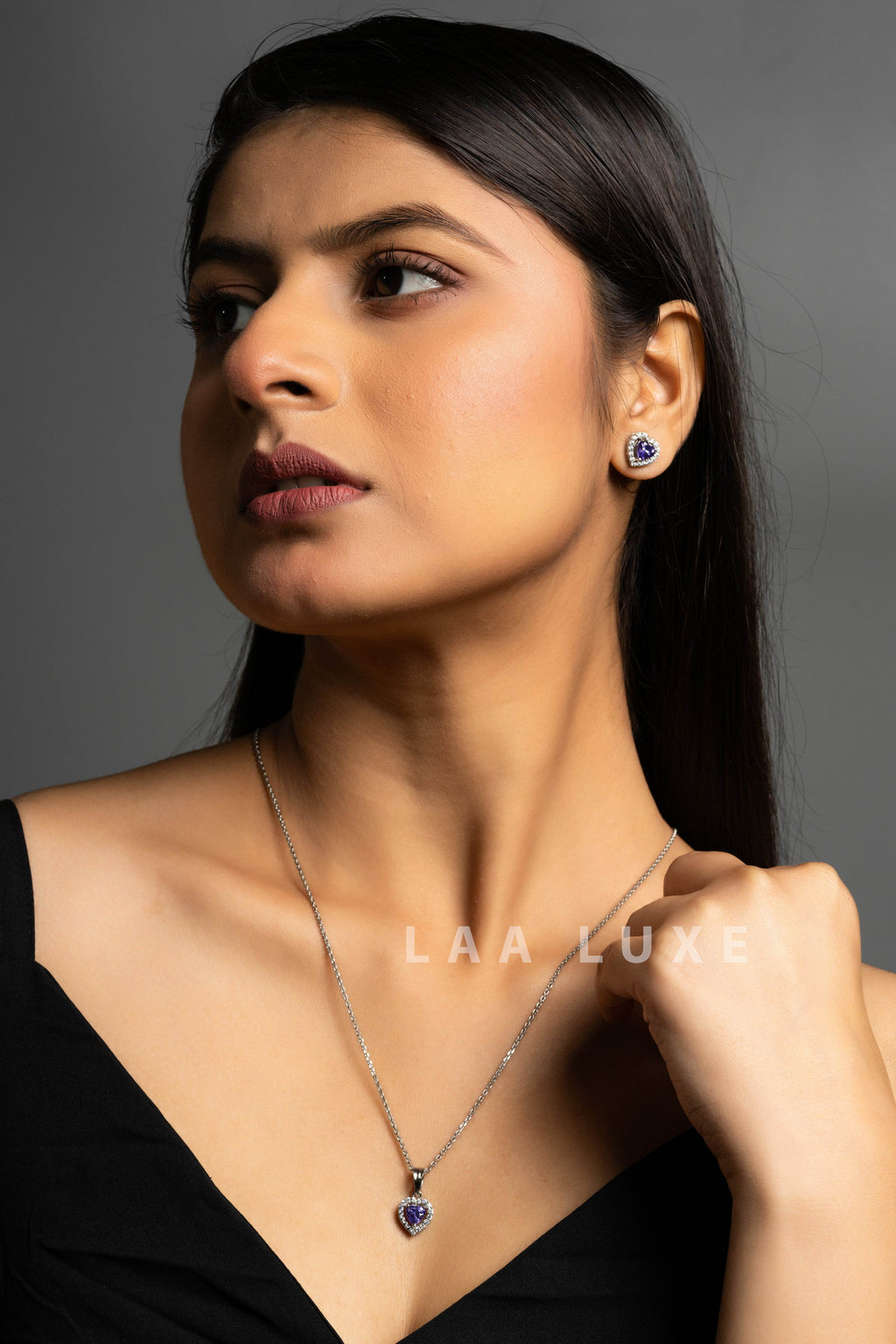 Heart Design Violet Sapphire American Diamond Necklace Set - Lookandadorn.com