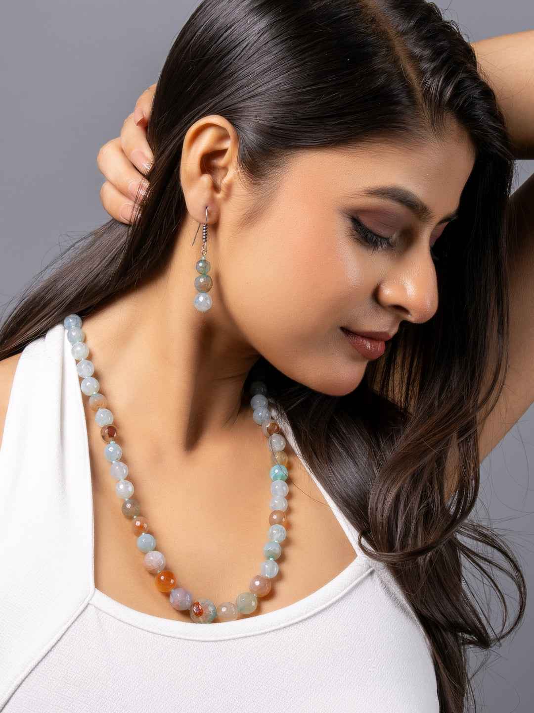 Ice Blue Brown Graduation Onyx Necklace set with Earrings