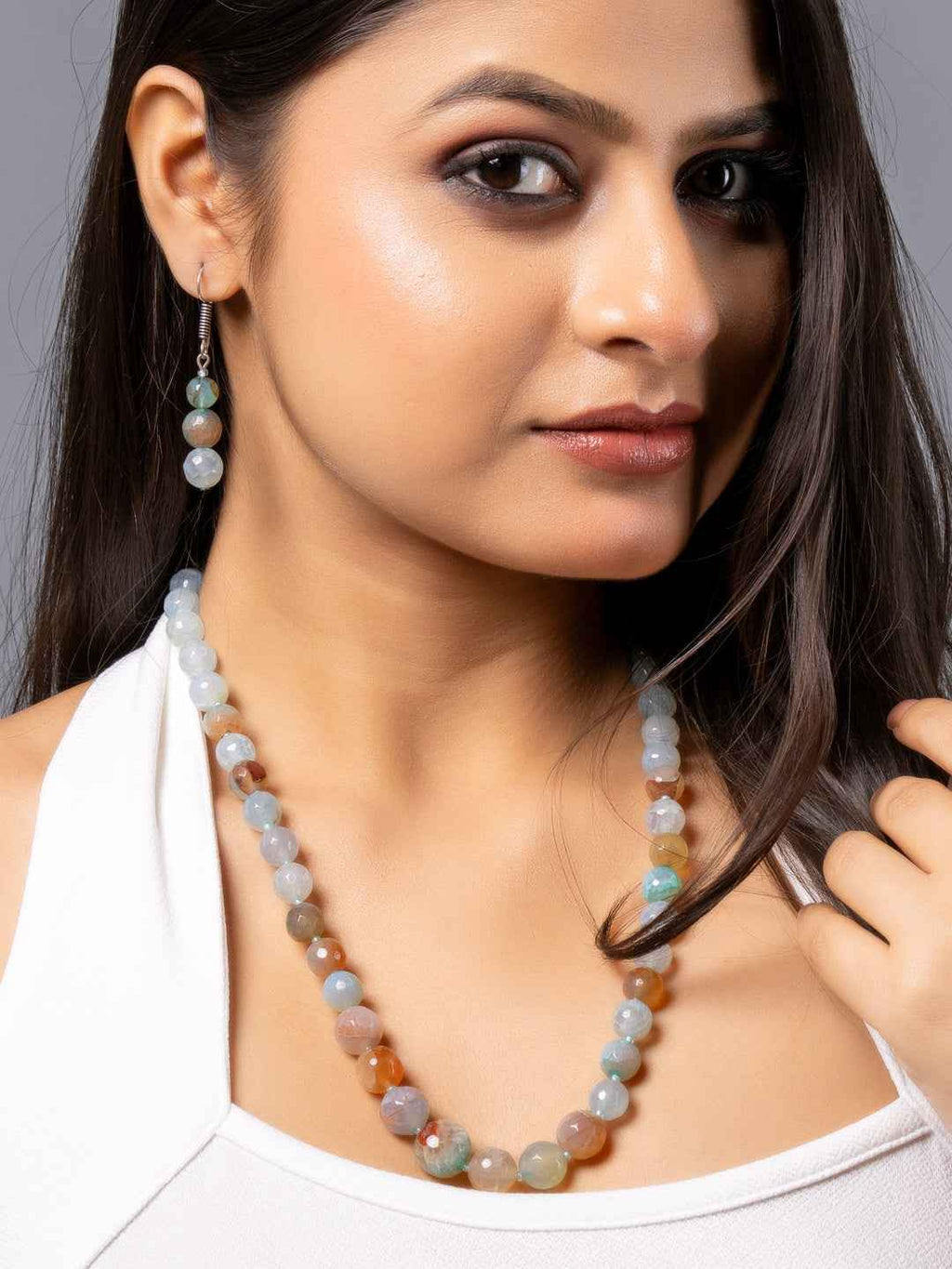 Ice Blue Brown Graduation Onyx Necklace set with Earrings