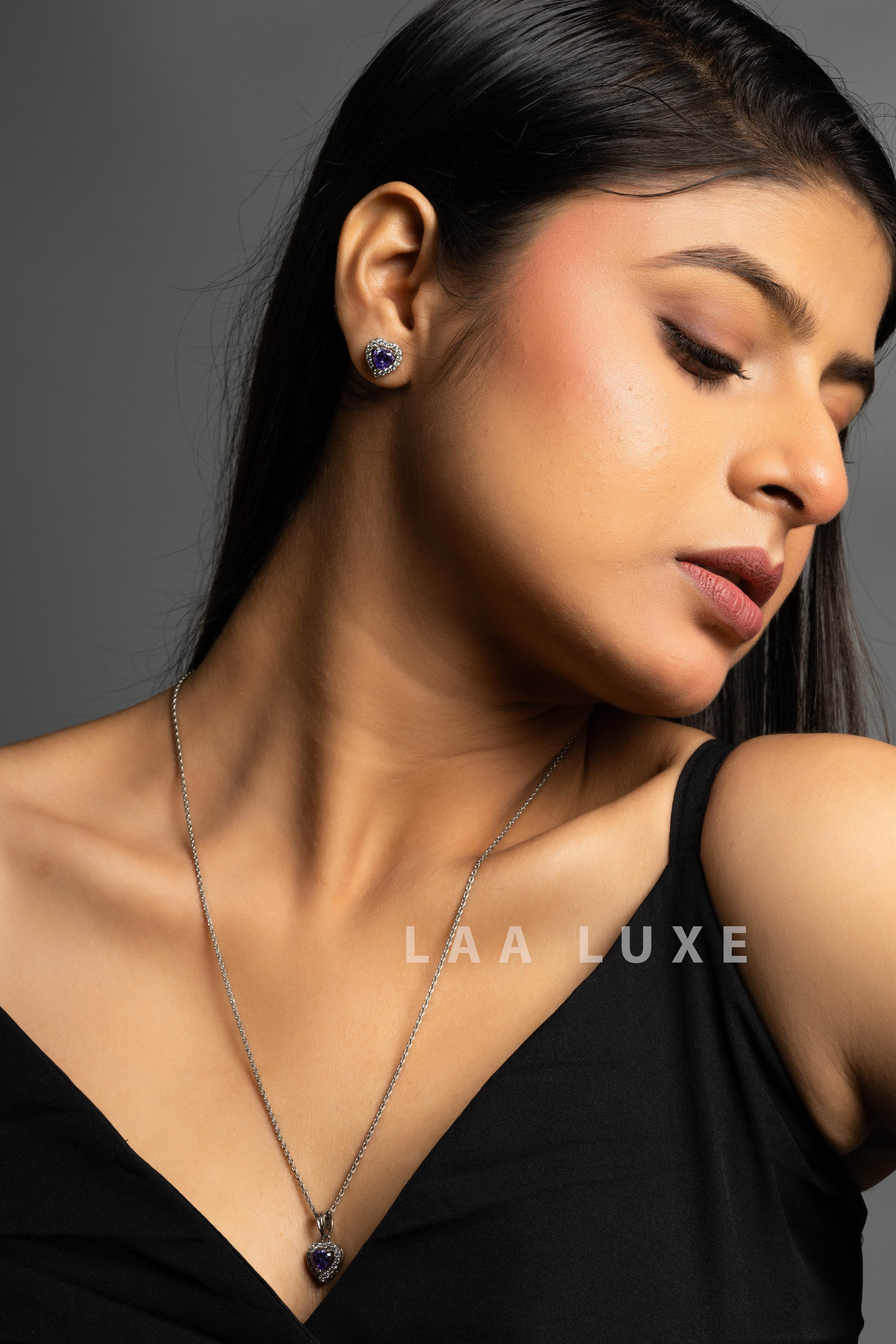 Heart Design Violet Sapphire American Diamond Necklace Set - Lookandadorn.com