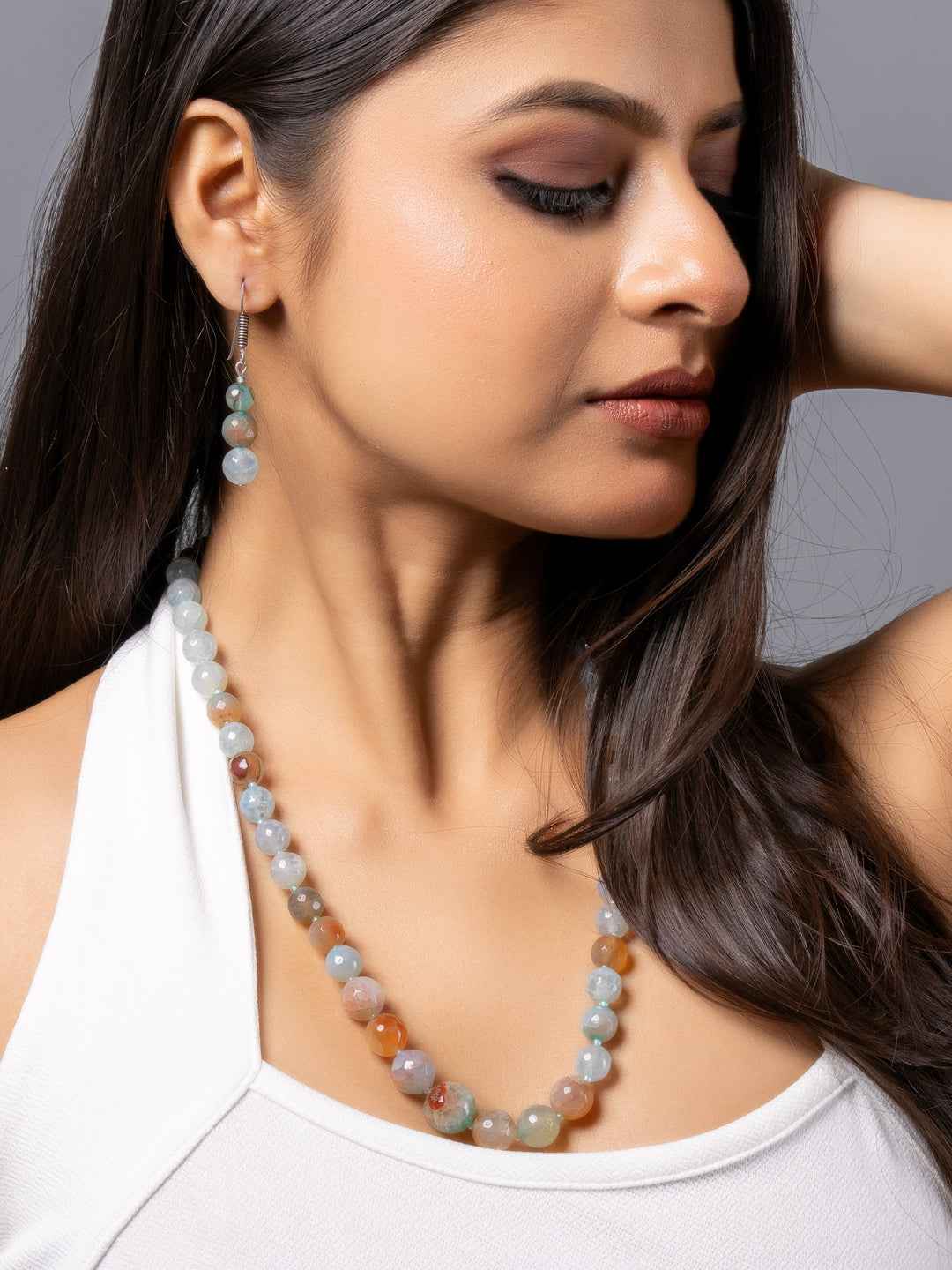 Ice Blue Brown Graduation Onyx Necklace set with Earrings