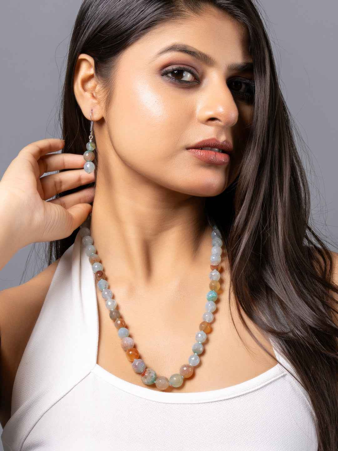 Ice Blue Brown Graduation Onyx Necklace set with Earrings