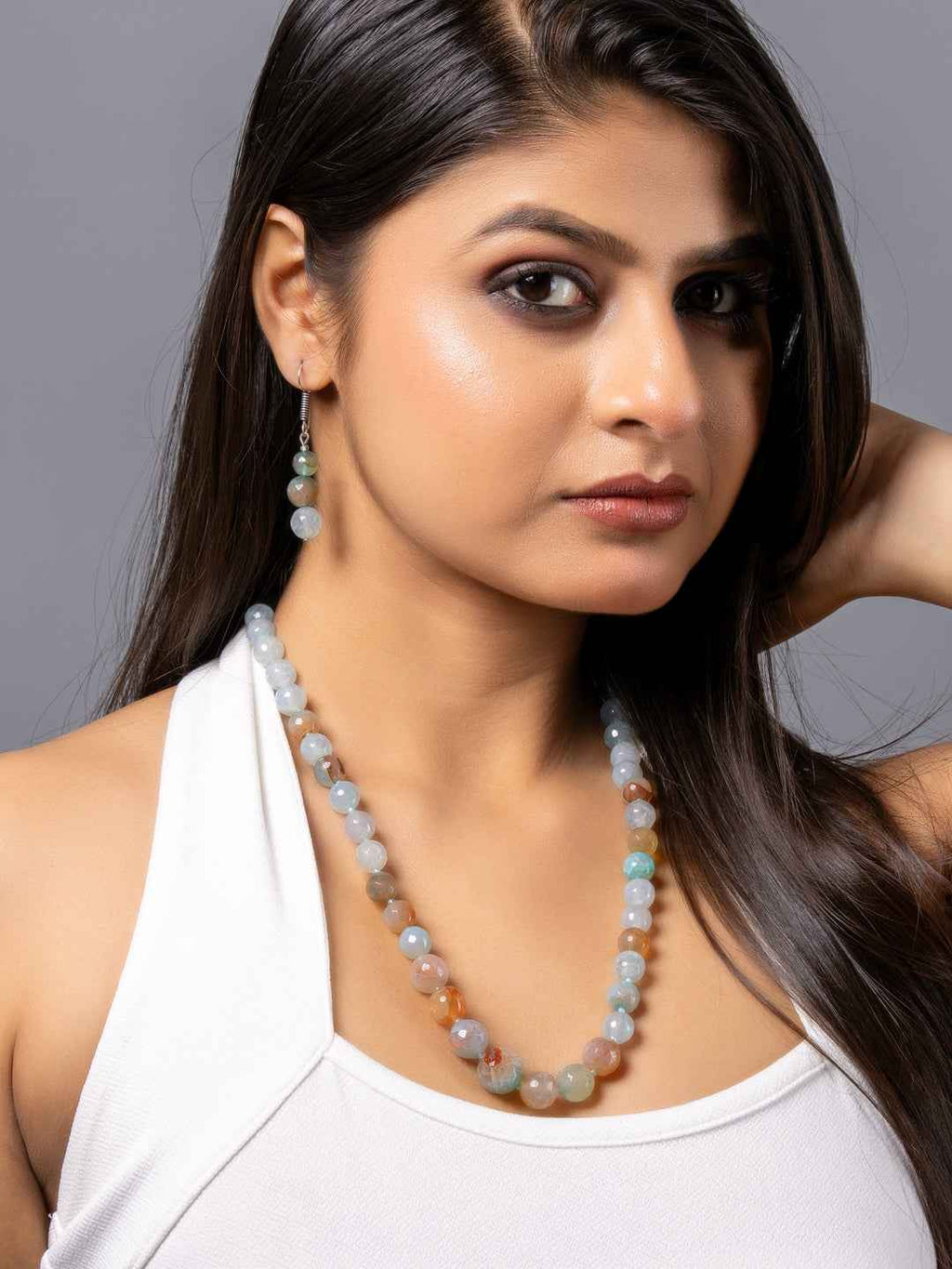 Ice Blue Brown Graduation Onyx Necklace set with Earrings