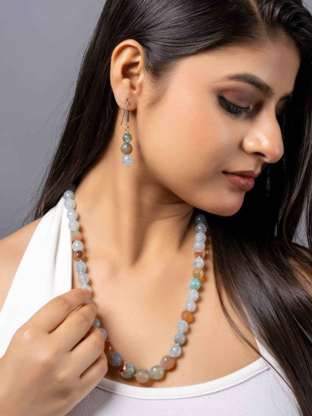 Ice Blue Brown Graduation Onyx Necklace set with Earrings