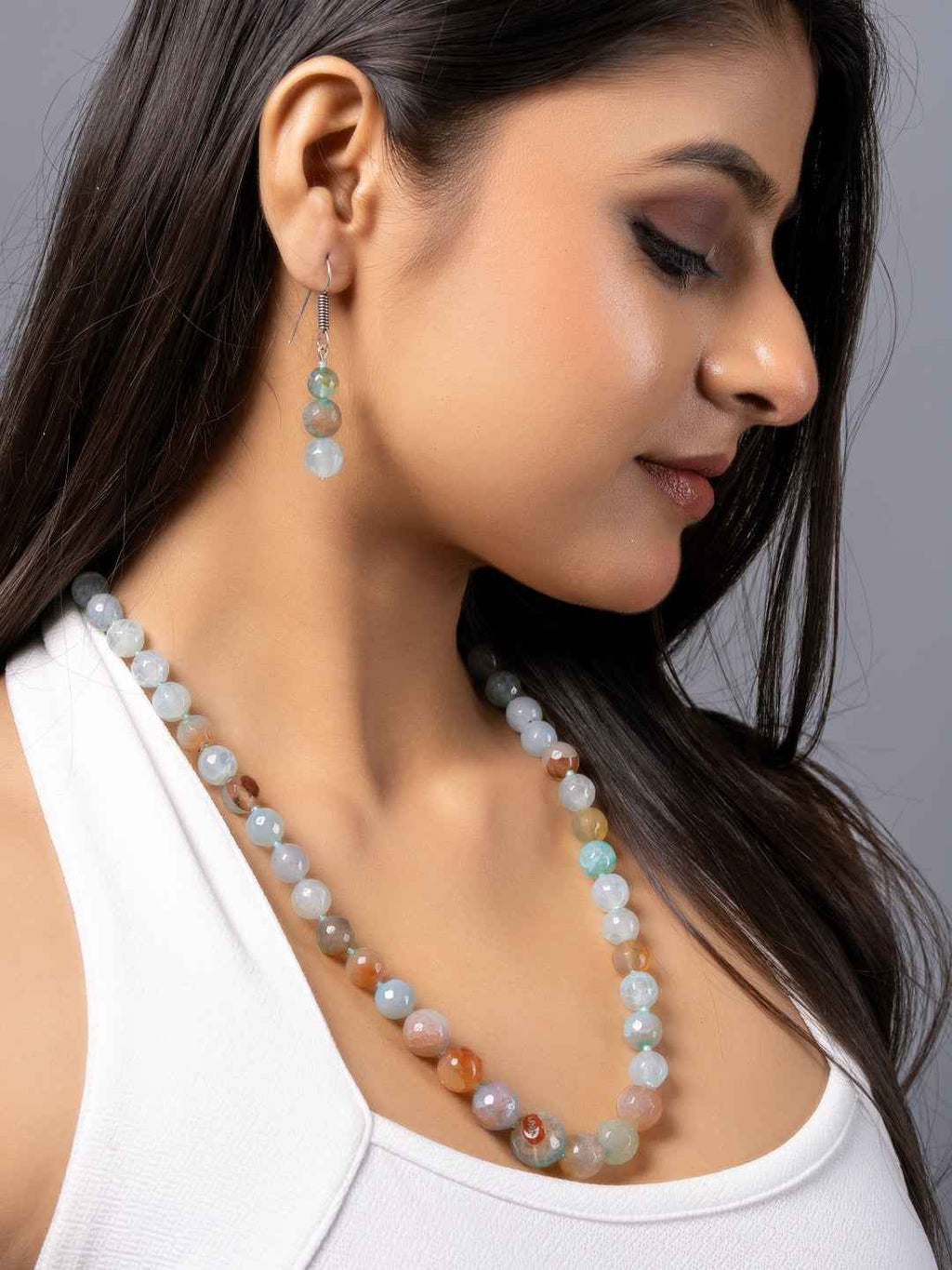 Ice Blue Brown Graduation Onyx Necklace set with Earrings