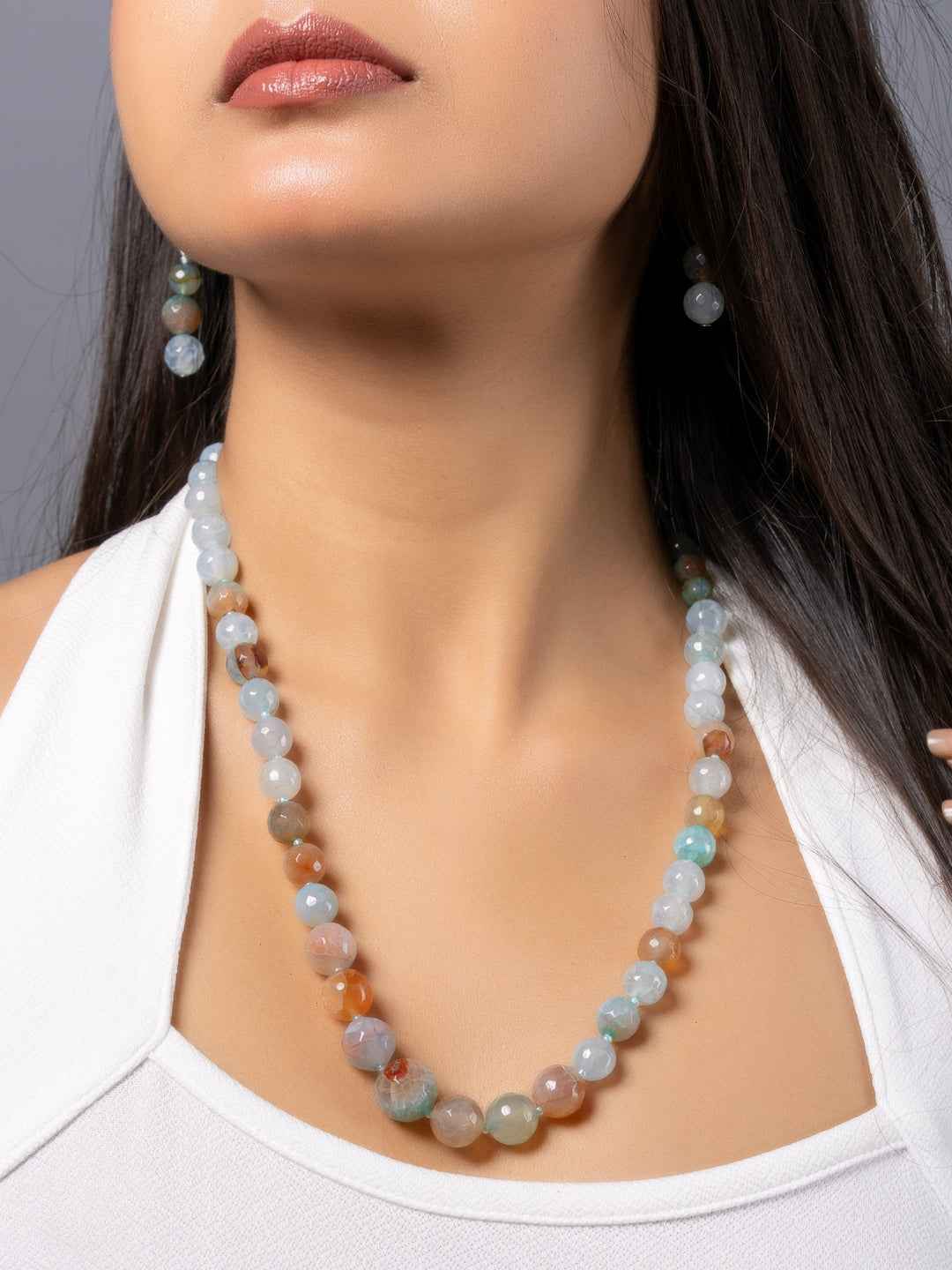 Ice Blue Brown Graduation Onyx Necklace set with Earrings