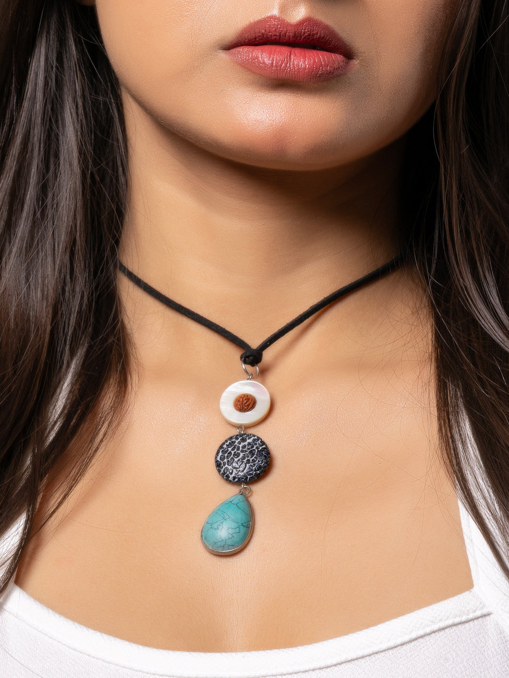 Semi Precious MOP Lava Turquoise sleek necklace with adjustable Suede Cord LOOK AND ADORN - designed for you